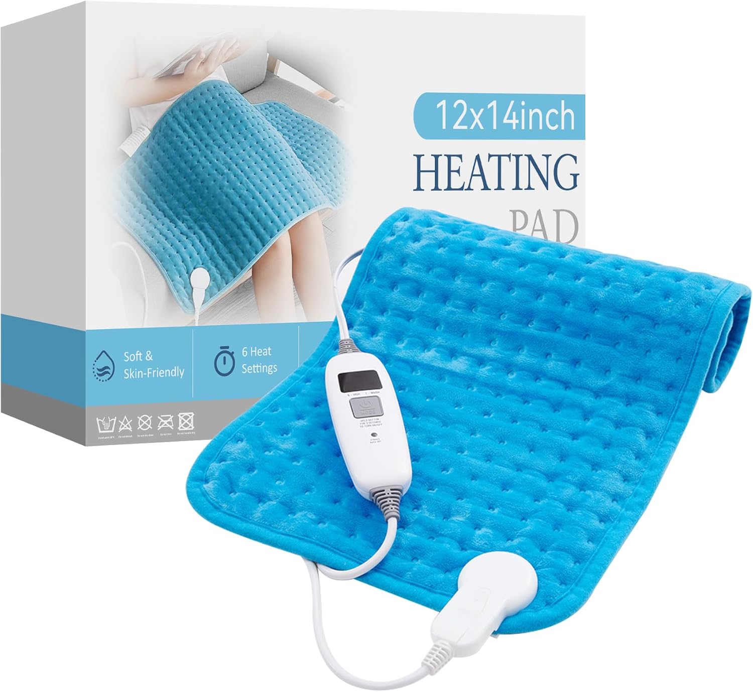 HYLEORY Heating Pad for Back, Neck, Cramps Pain Relief — 6 Heat Settings, Auto Shut Off, Moist Heat Options for Electric Heating Pad, Machine Washable, Gifts for Women (Blue, 12" x 24")