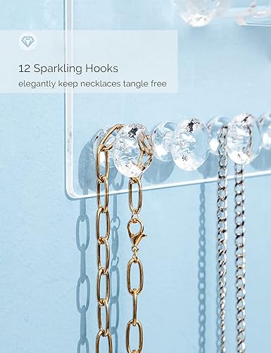 Miniatura 4 de Mymazn Paquete de 2 soportes acrílicos para collares con estante, 12 ganchos en forma de diamante y barra de pulsera extraíble, organizador de joyas