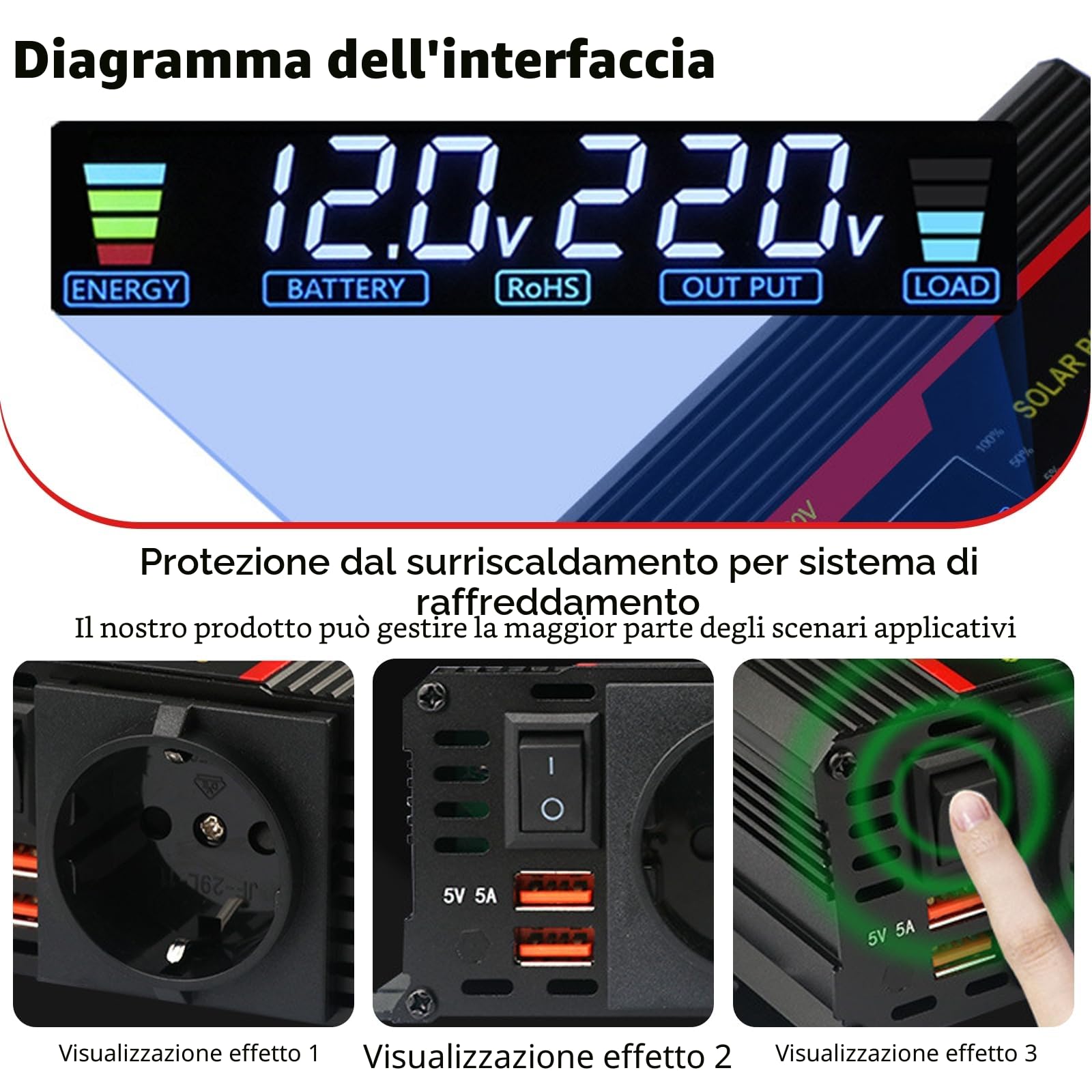 Invertitore di tensione DC 12 V/24 V su AC 230 V modificato Inverter 2000 W con prese europee, 2 USB e display LCD, convertitore di corrente per auto, camion, roulotte, campeggio