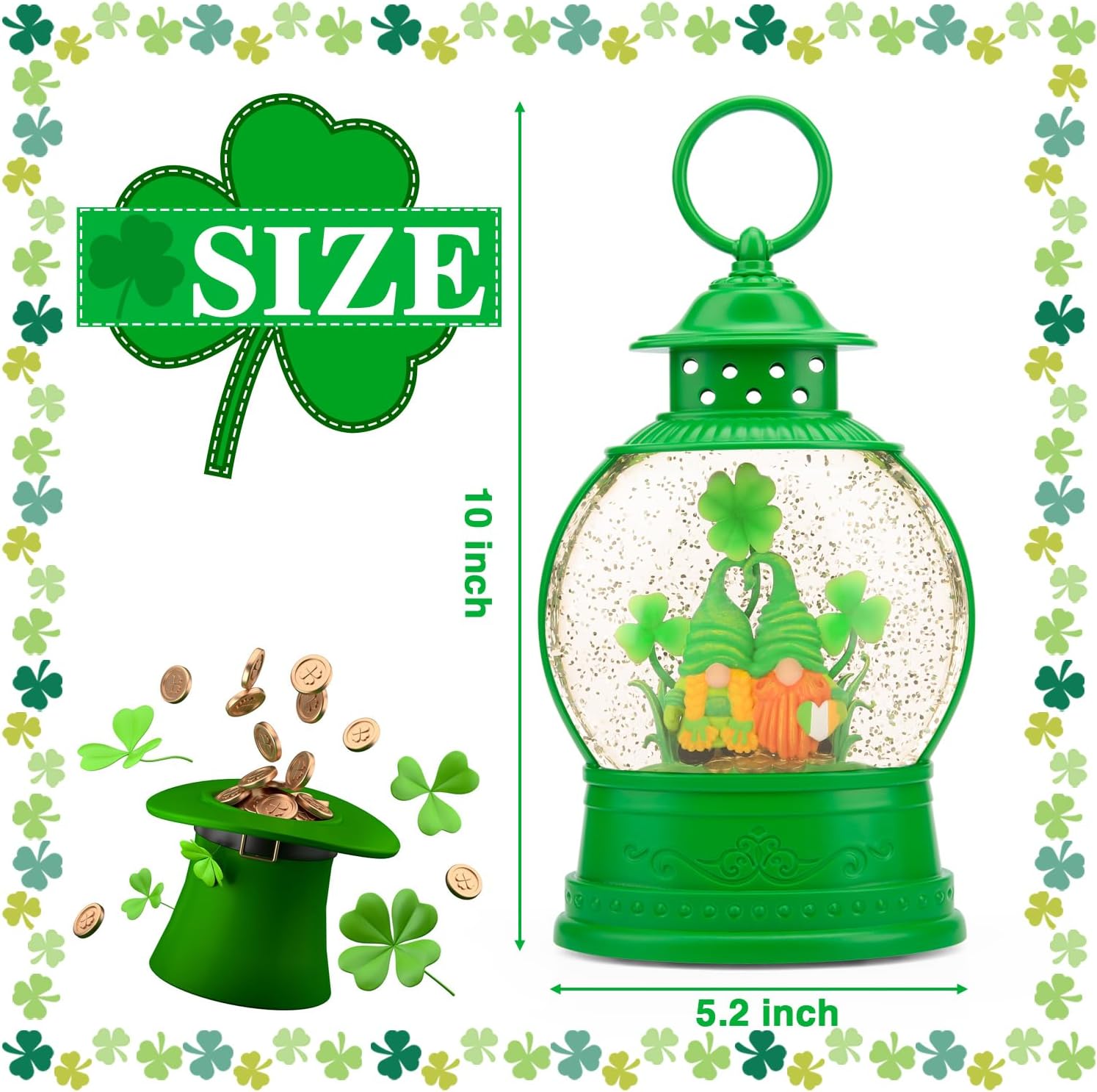 St Patricks Day Lucky Shamrock Gnomes Snow Globe for St Patricks Day Decorations,6H Timer, USB/Battery Operated,St Patricks Day Decor for Home Indoor/Outdoor and Home Party Supplies - Image 5