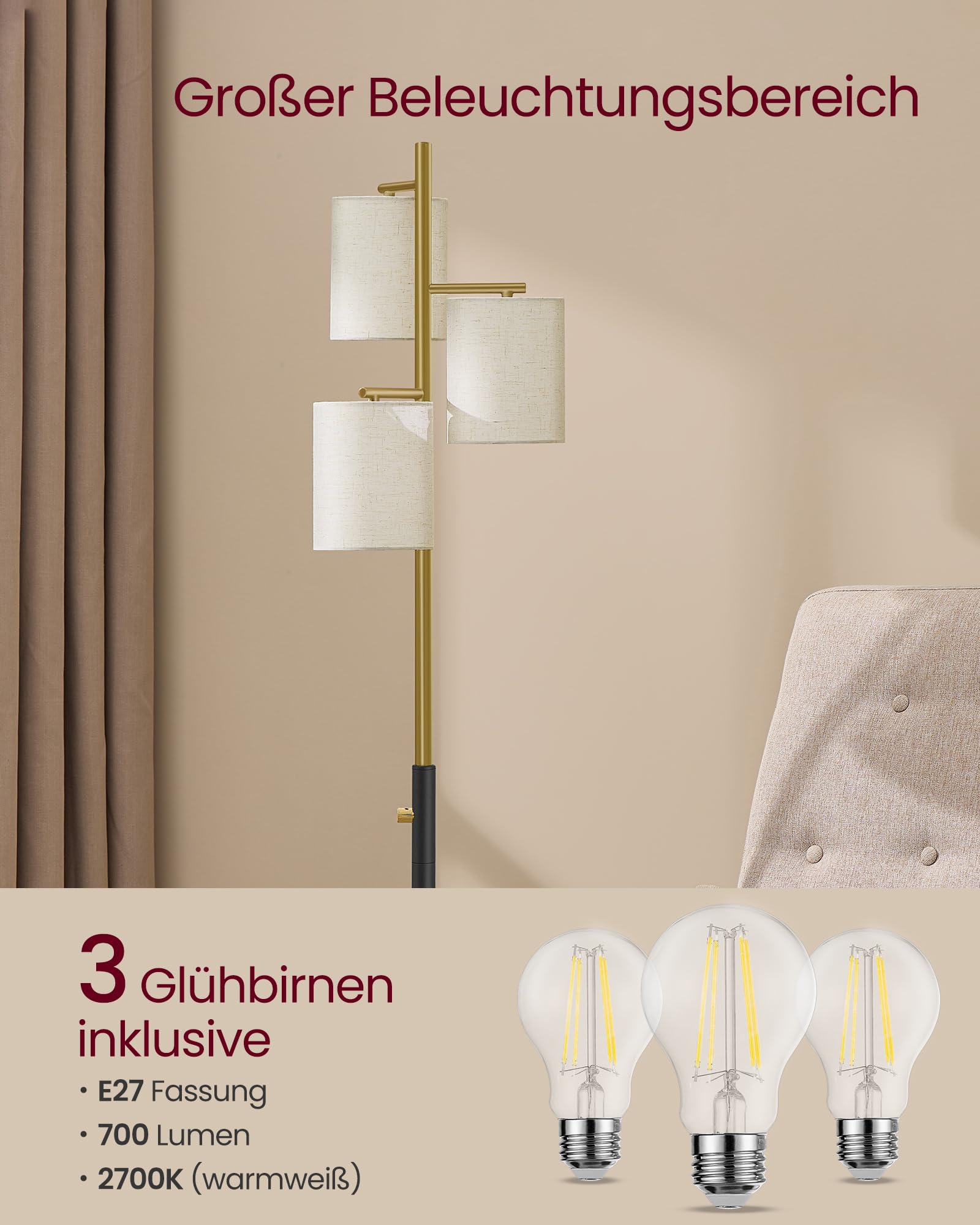 VASAGLE Stehlampe Dimmbar, Stehlampe Wohnzimmer, Standleuchte mit 3 Glühbirnen, modern Stehleuchte, Lampenschirm aus Stoff, 3 E27 Fassungen, für Kinderzimmer,Schlafzimmer, Büro gold-schwarz LFL003B02