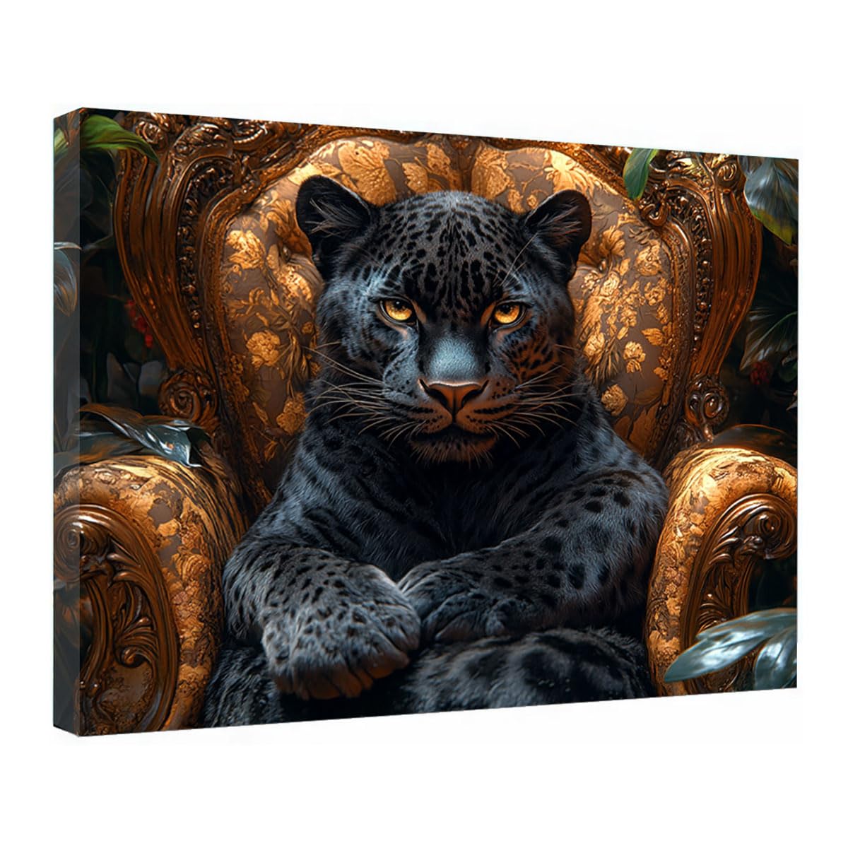 TZKRWRH Cheetah Wall Art Print Jungle Animals Decor Black Panther on Chair Leopard Pictures, Animal Portrait Painting, African Wild Animal Art Poster(Black 9)-40x60cm Framed