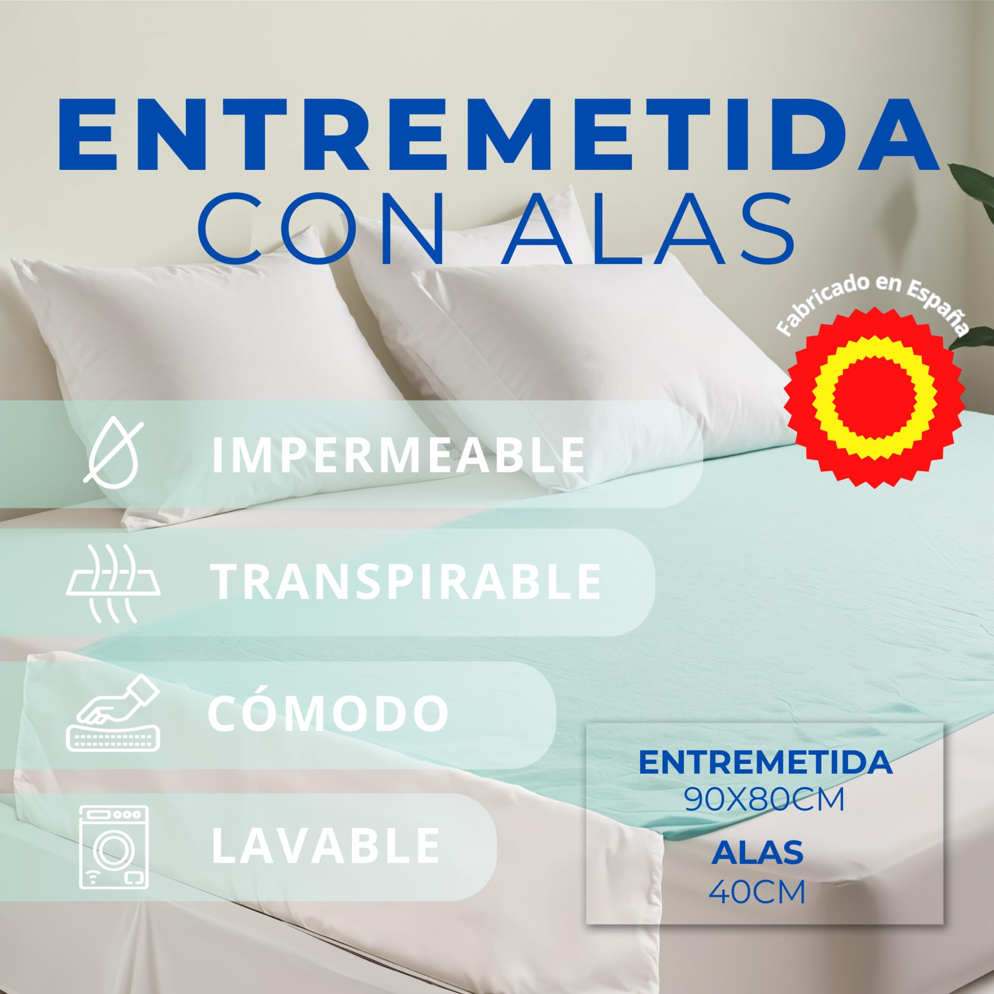 Empapador Cama Adultos y Niños Lavables con alas - 4 Capas protección, Impermeable Reutilizable, Absorbente, Empapadores Bebe, Protector 300 Lavados, Lavadora 60 Grados 90X80+Alas 40 cm