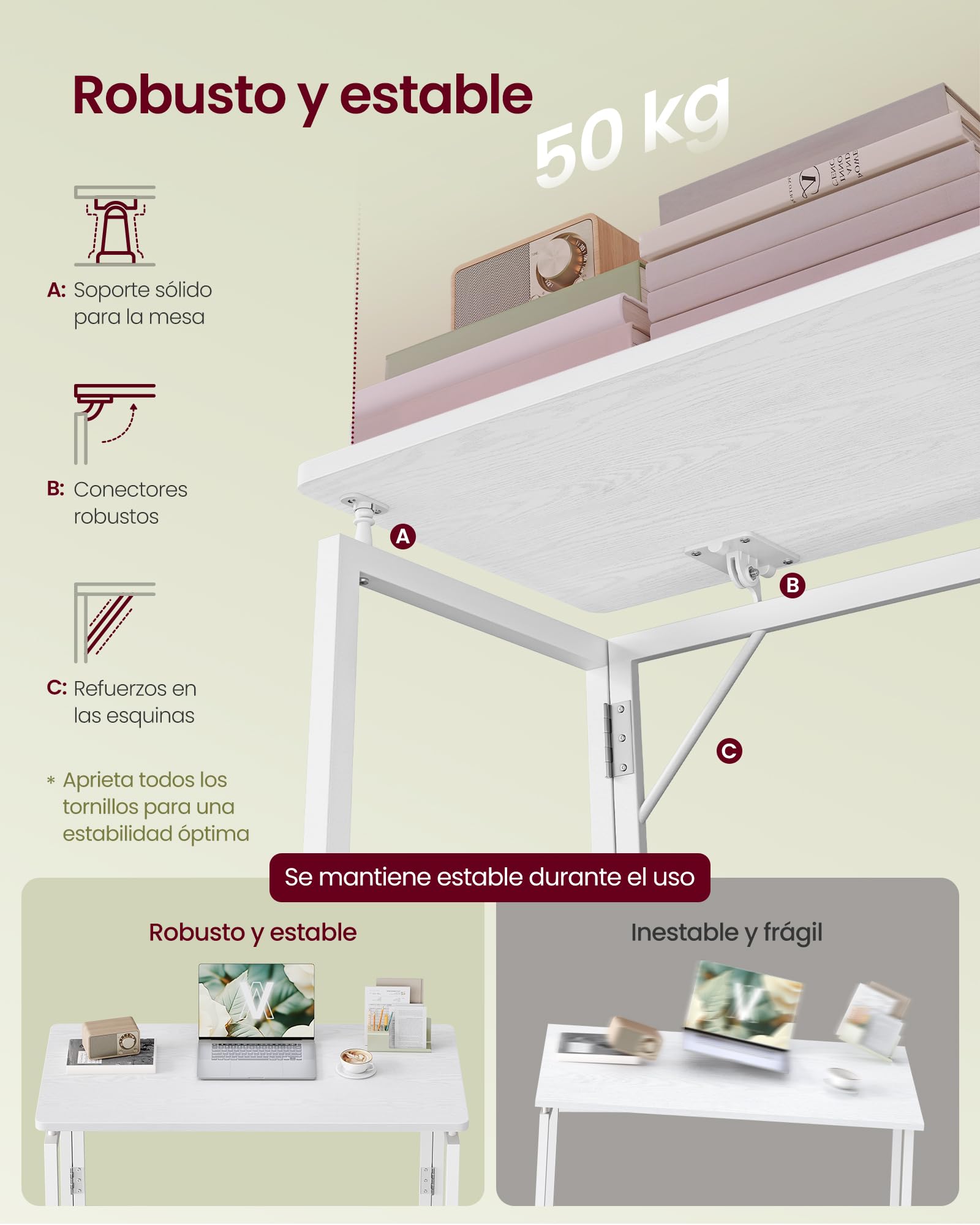 VASAGLE Mesa Plegable, Escritorio Plegable, Tablero de una Pieza, Bordes Redondeados, para Dormitorio, Balcón o Camping, Fácil Montaje, 80 x 40 cm, Blanco Arce LWD151WF01 — view 6