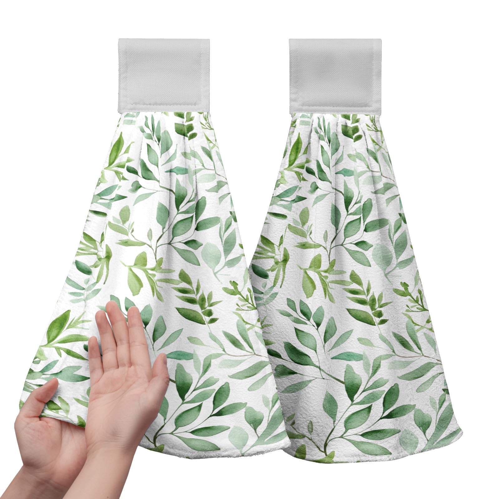 Cneztholim Spring Green Leaves Hanging Hand Towels Watercolor Eucalyptus Leaf Tie Towel Summer Hanging Dish Towels Absorbent Washable Kitchen Towel with Loop for Bathroom Kitchen