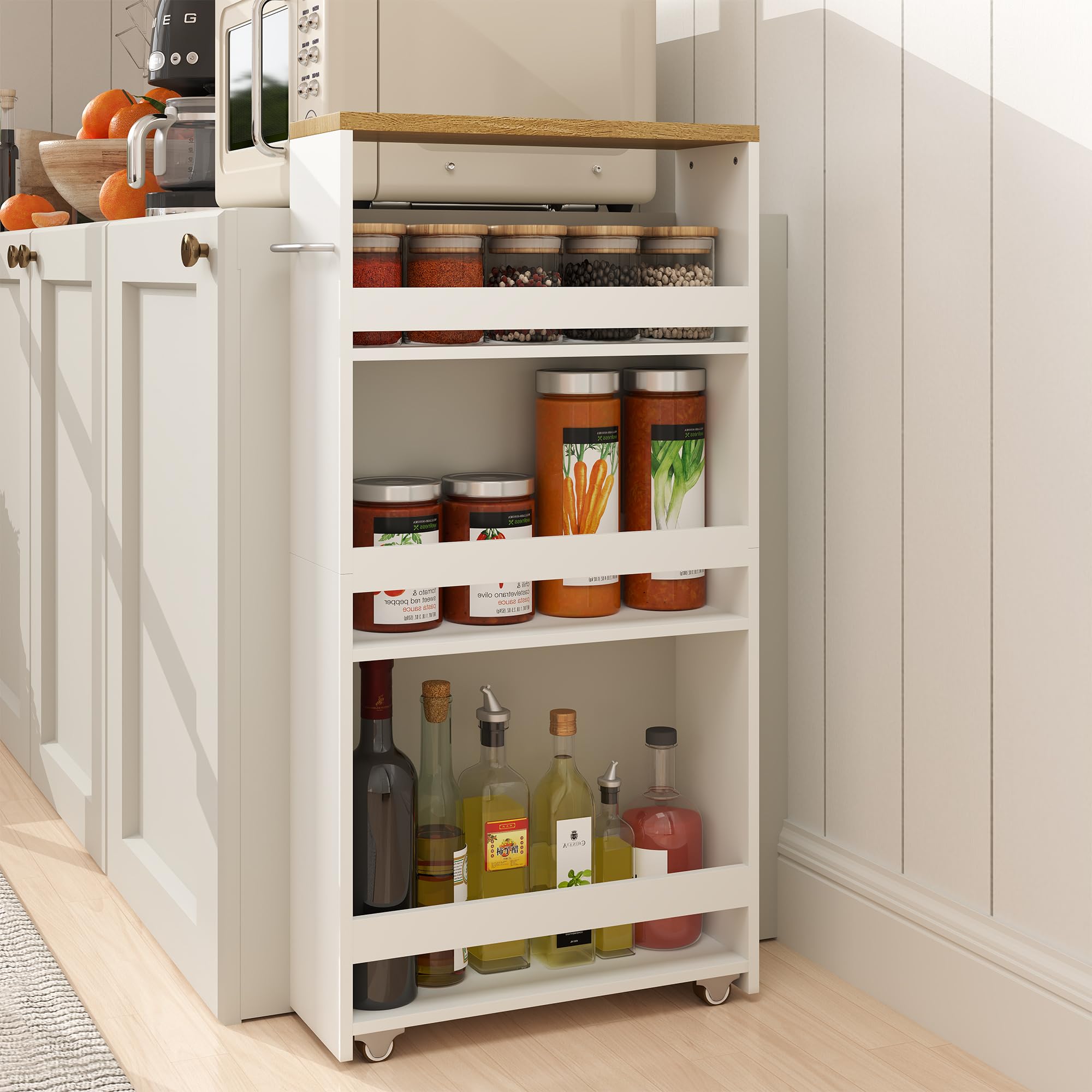 Carrello Cucina con Ruote 40 x 14 x 80 cm Carrello Stretto Salvaspazio a 4 Ripiani Scaffale Portaoggetti per Cucina Bagno e Lavanderia Bianco Effetto Legno