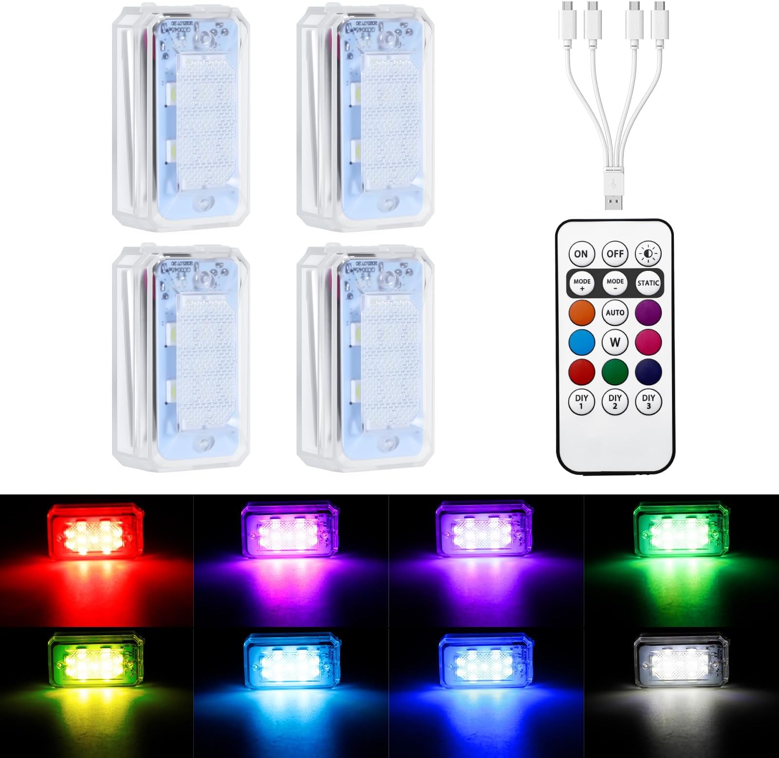 11 LEDs Wireless Strobe Lights with Remote 500mAh Rechargeable Car RGB Car Interior Ambient Lighting Anti-Collision Strobes Light for Motocycle Vehicle Bike Scooter Warning Flashing 4PCS