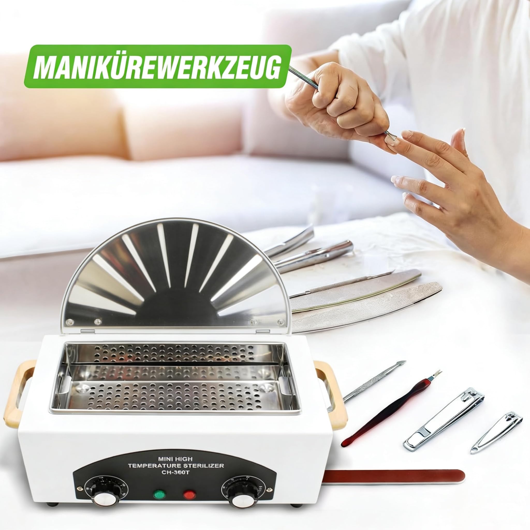 Heißluftsterilisator 1,5L 300W, Trockene Hitze Sterilisatoren für Nagelwerkzeuge 200°C mit Timer & Kontrollleuchte, Hochtemperatur Desinfektionsgerät für Metall Nagelwerkzeuge im Nagelstudio