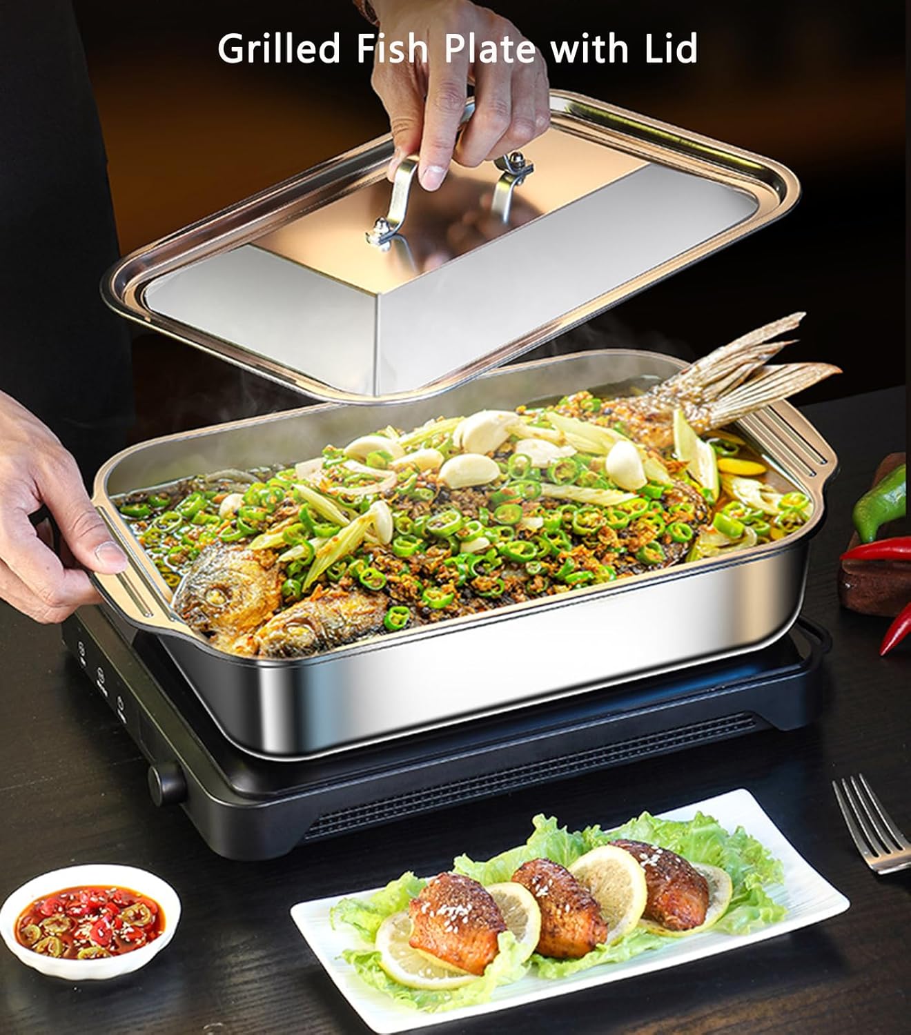 Stainless Steel Rectangular Roasting Pan with Steel Lid - 37/41/45cm Commercial Deep Broiling Pan Fish Roaster Baking Sheets Tray Lasagna Pan for Brownies, Chicken, Meat, Dishwasher Safe (41cm)