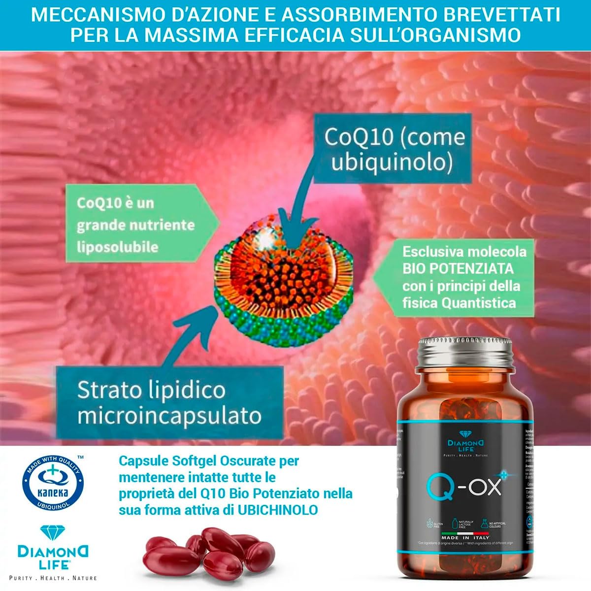 DIAMOND Q-OX - Q10 UBICHINOLO Bio-Potenziato | Nutraceutico a Base di Ubichinolo Kaneka QH® Puro Altamente Assimilabile | Fermentato Naturalmente | 30 Softgel Scure | Senza Glutine, No OGM