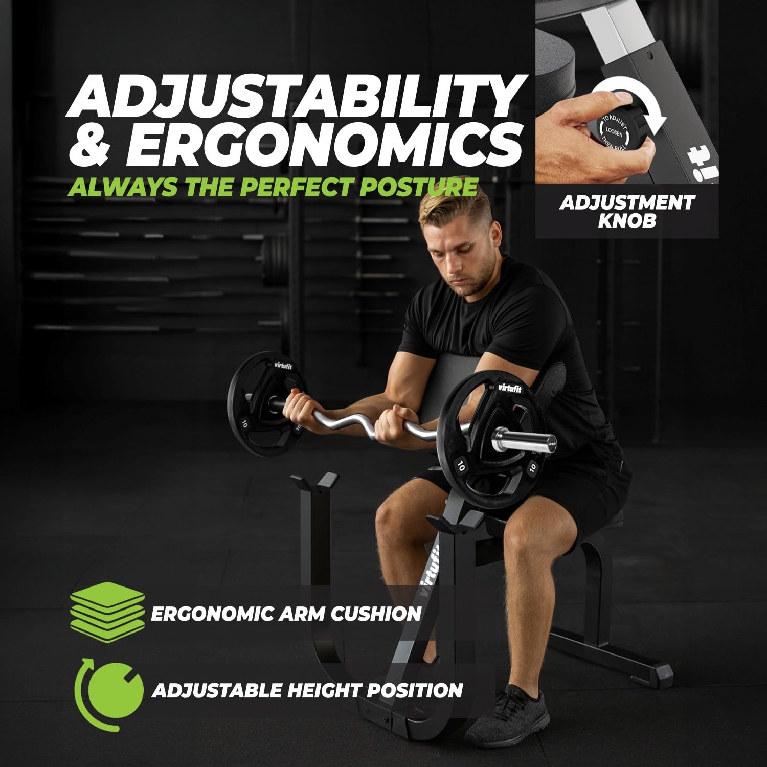 VirtuFit Preacher Curl Station – Verstellbare Curlbank mit Armstütze, Bizeps- & Armtrainer, stabile Hantelbank für Zuhause
