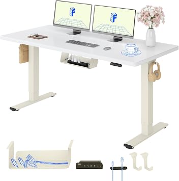 FLEXISPOT E1 Pro Electric Standing Desk with Dual Motors, ONE PIECE 160x80cm, Sit Stand Table Height Adjustable Desk with Memory Smart Pannel for Home Office,Mousse White+White