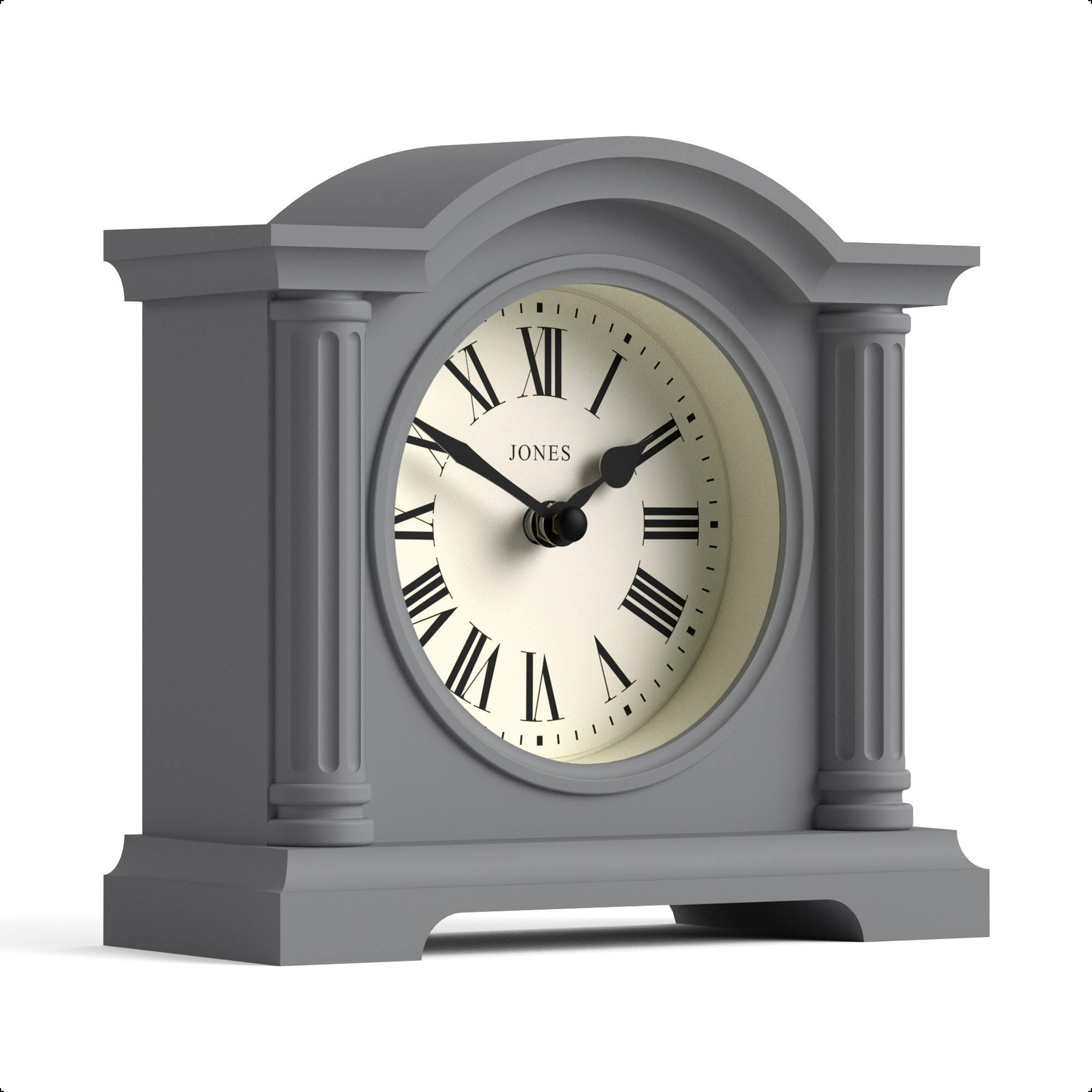 Jones Clocks Clockwork Grey Jones Clocks® Kensington Mantel Clock | Small Classic Arch Top Clock | Grey | Stylish & Contemporary | Ideal For Desk, Mantelpiece, Bookshelf Or Bedside