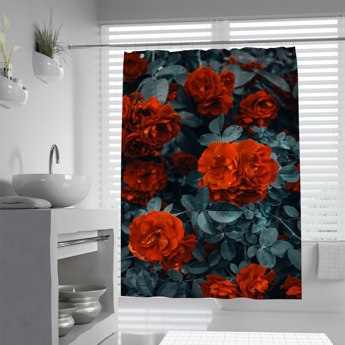 UIRINGART Red Rose Bush Shower Curtain W90xL180cm Dark Botanical Floral Pattern Waterproof Machine Washable Rustproof Grommets Bath Drape with Hooks