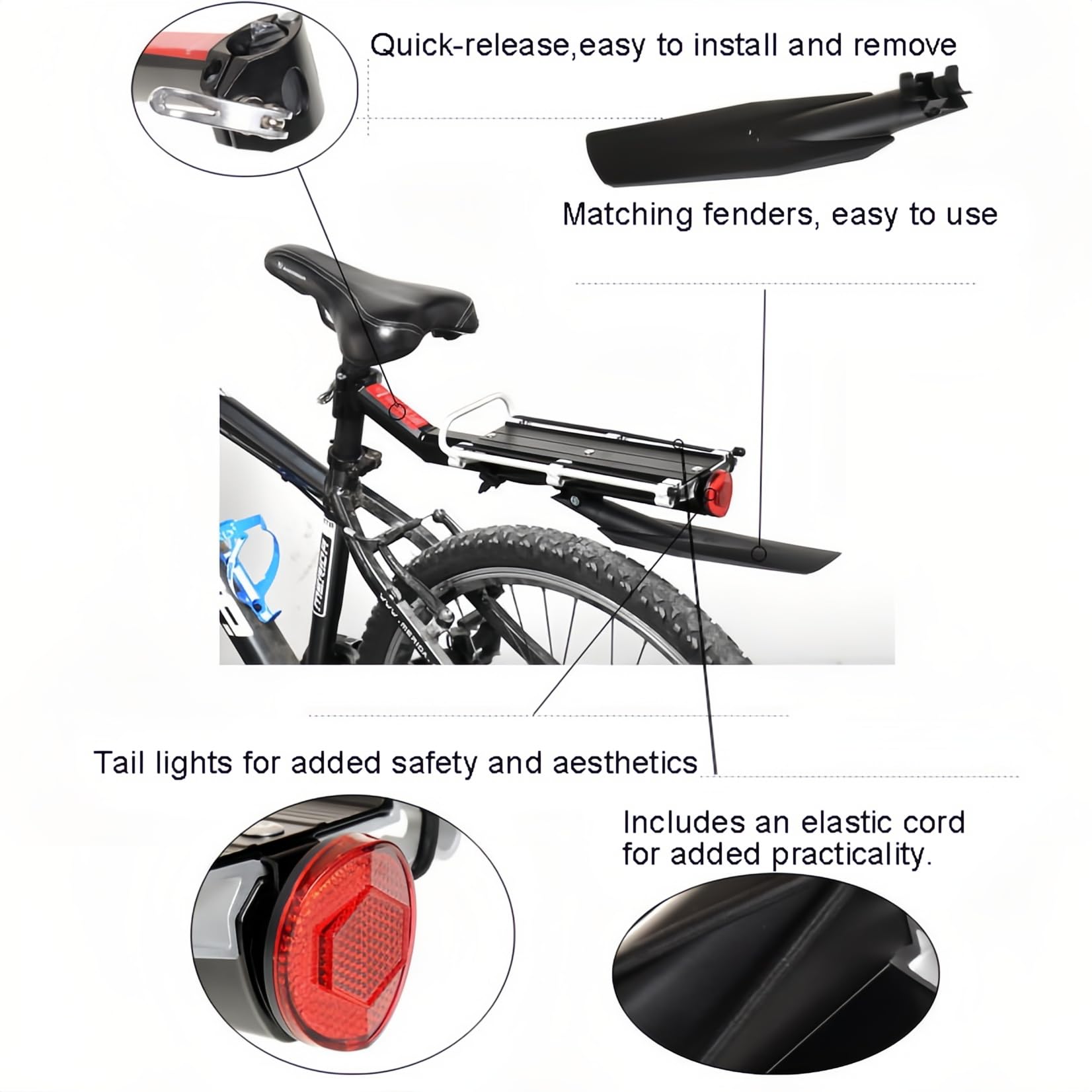 Chesoon Portabultos de Bicicleta Aleación de Aluminio Portabultos de Bicicleta con Guardabarros, Reflector y Correa Elástica Capacidad 20lbs/9kgs
