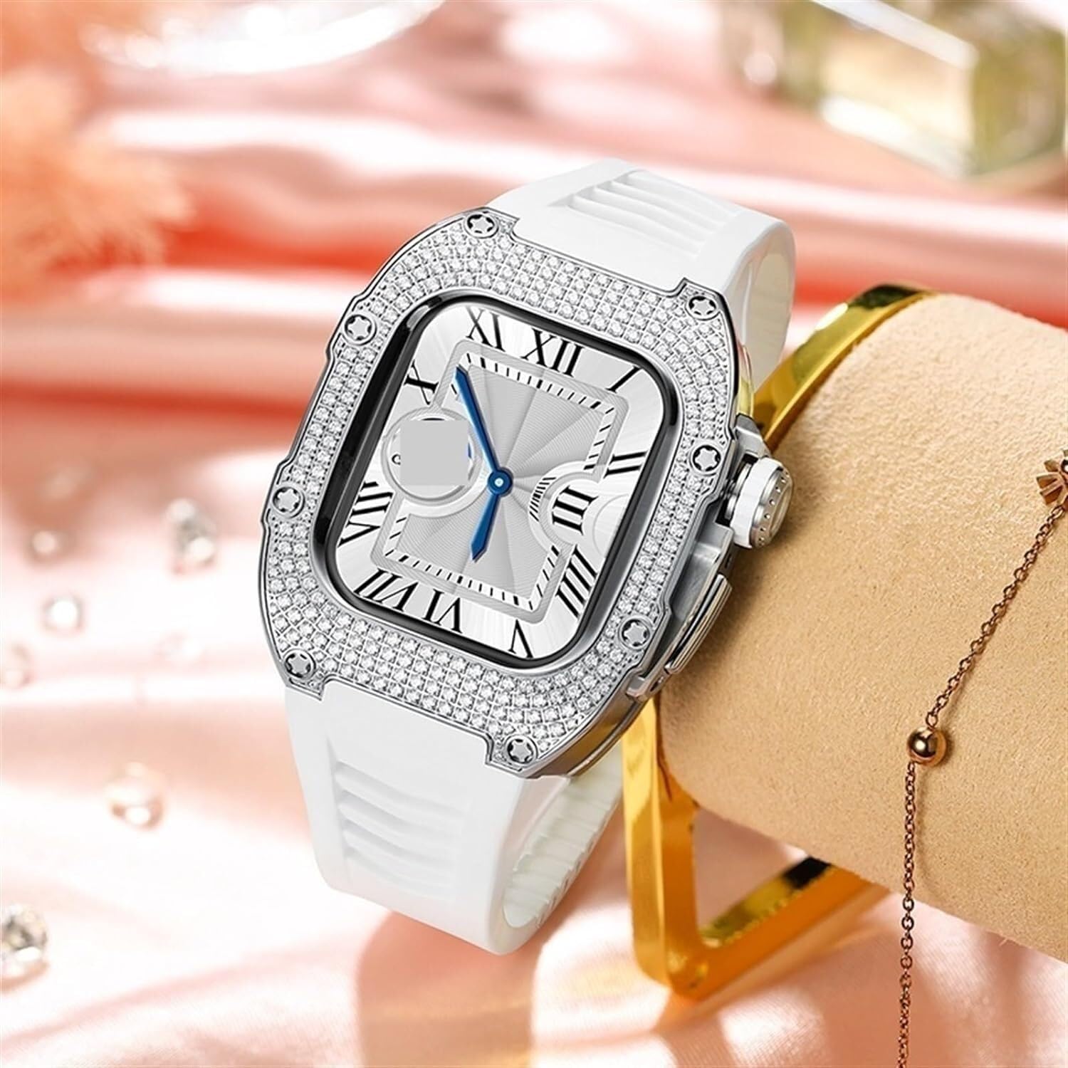 Caja de reloj de diamante + kit de modificación de correa de reloj de goma, para iWatch 8 7 6 5 4 SE, correa de reloj de negocios de moda para mujeres y niñas, para iWatch de 40 mm y 41 mm