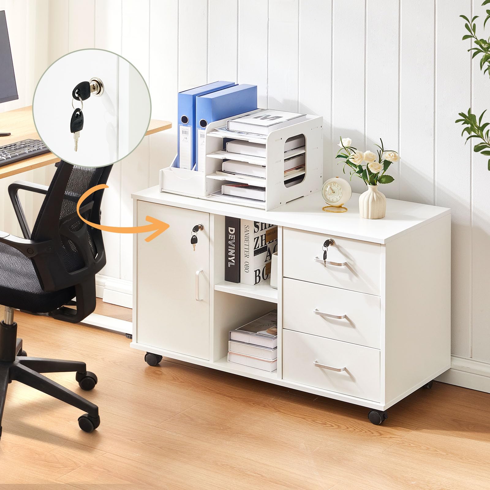LEMROE Cajonera móvil con ruedas con cajones, cerradura y soporte | Para impresora con estantes abiertos, armario de almacenamiento para papelería (blanco) Adecuado para oficina o hogar