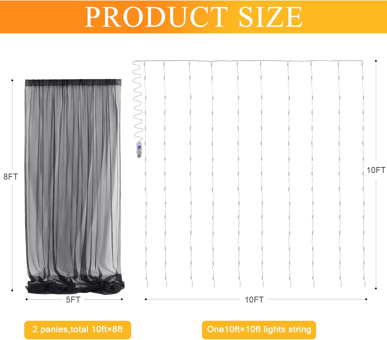 Condition photo showing Good Condition for Fomcet Black Tulle Backdrop Curtains with Lights String 10FT X 8FT Sheer Curtains with Lights for Backdrop Tulle Curtains Backdrop for Wedding Birthday Party Baby Shower Photo Shoot (2 Panels 5x8FT) 10FT×8FT Black