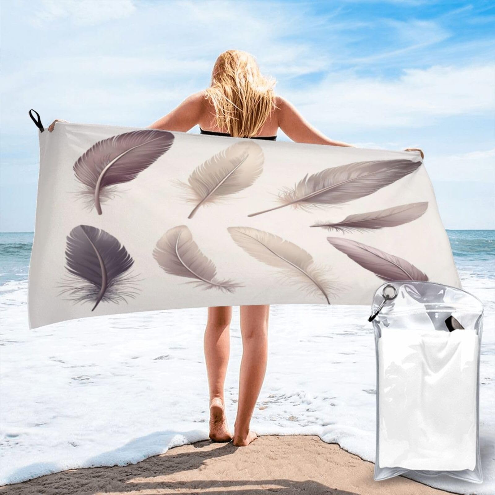 Anceky Digital Illustration of Eight Feathers 00002 Quick Dry Microfiber Travel Towel with Carry Case and Carabiner 27.5"X55"