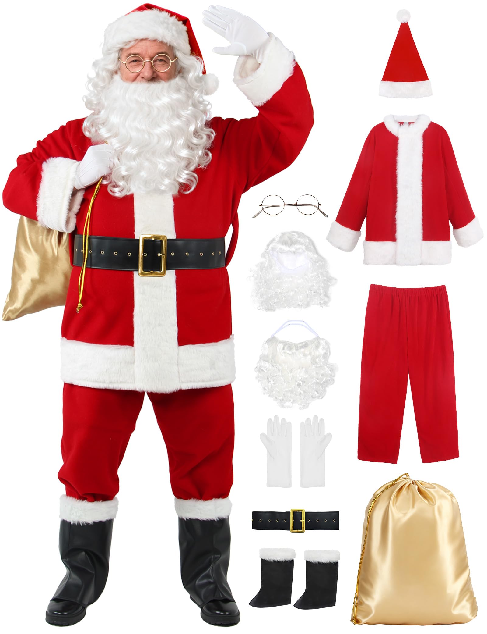 LETIME Santa Claus Costume for Men - 10-Piece Deluxe Santa Suit for Adults, Professional Christmas Santa Outfit
