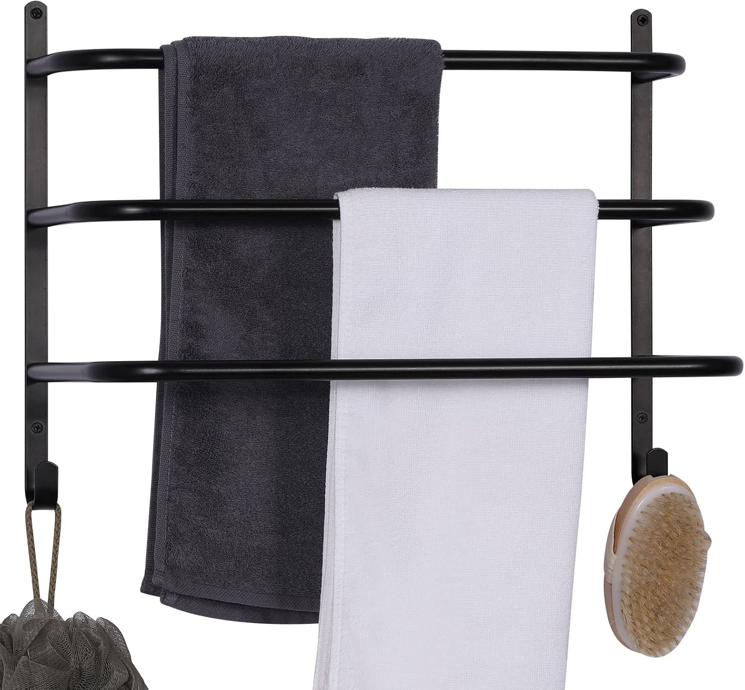 Wall Towel Rack 3 Tier Bathroom Black Towel Holder with Hooks Modern