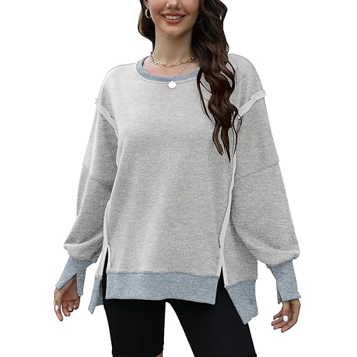 GUNEST Womens Oversized Sweatshirts Crew Neck Long Sleeve Grey Hoodies Casual Slit Sloucthy 2023 Trendy Pullover Clothes for fall winter