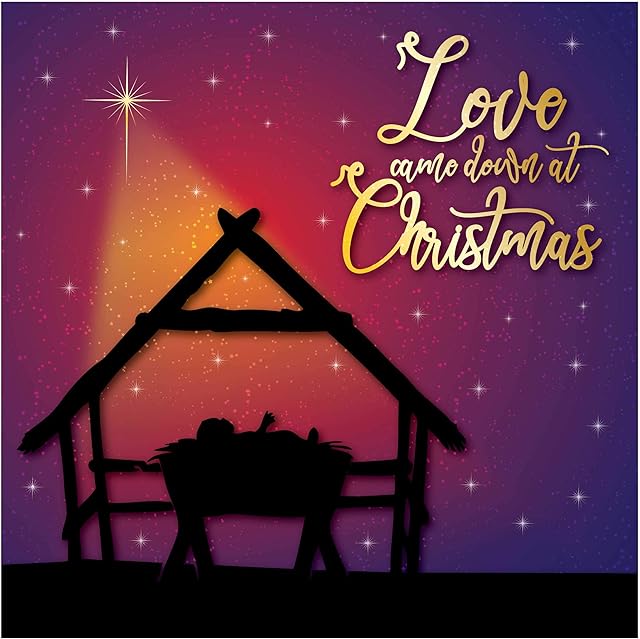 Christian Christmas Cards - Stable, Pack of 10 Cards with Foiled wording, with Bible Verse 1 John 4:9 Inside These Religious Christmas Cards, by Just Cards Direct
