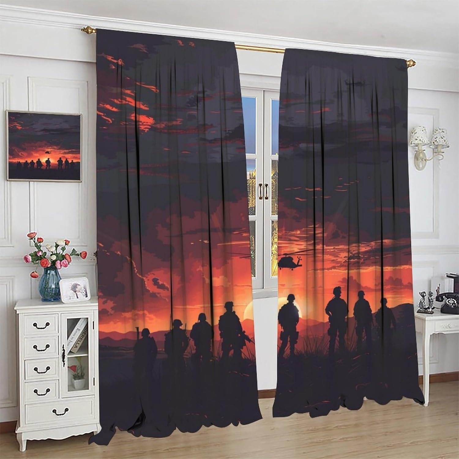 Silhouette Soldier Military Blackout Curtains for Living Room Bedroom, Sunset Helicopter Fine Window Curtains Rod Pocket Thermal Insulated Window Drapes, 2 Panels, Each 21" W x 54" L