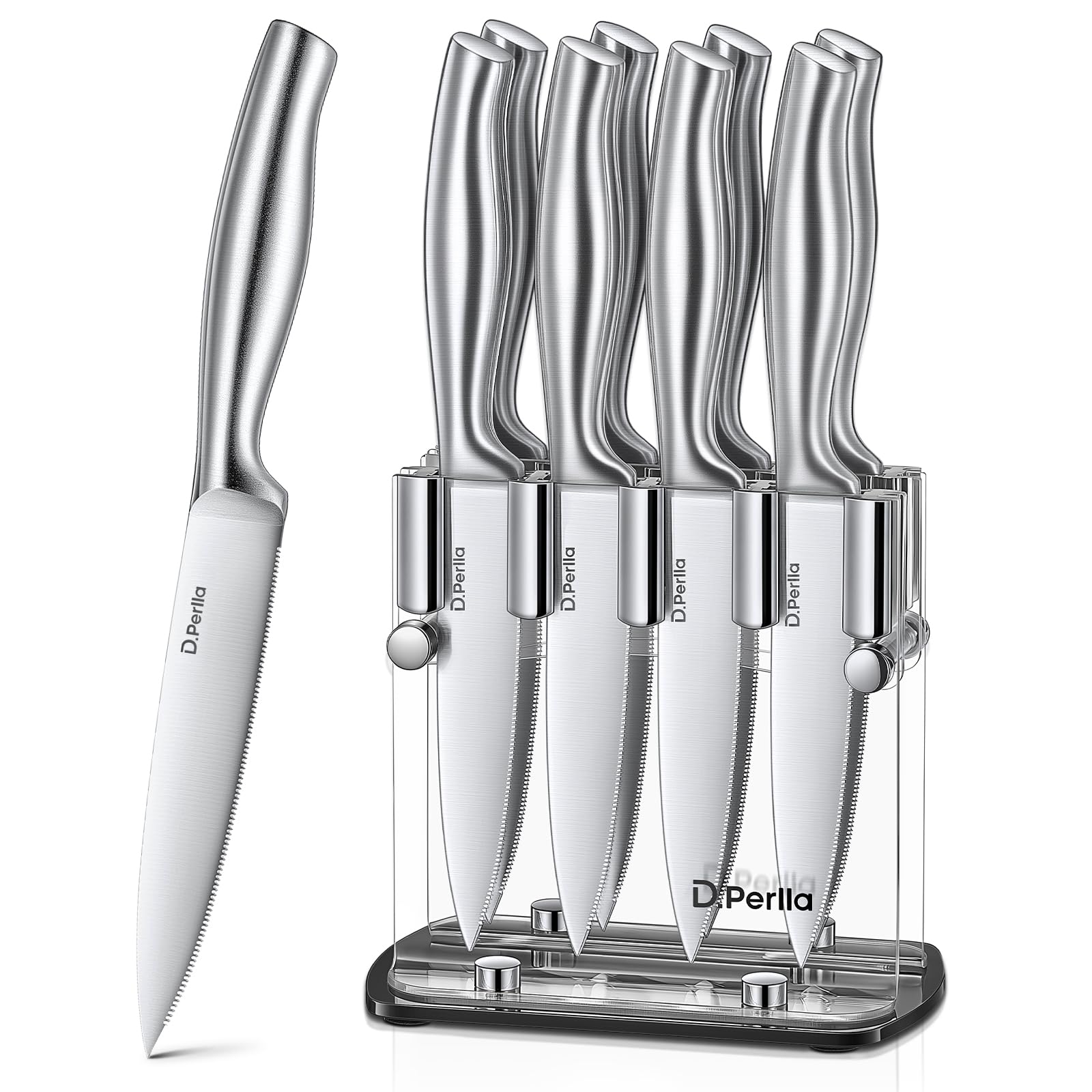 D.Perlla Cuchillo Para Bistec, Juego de Cuchillos Para Bistec 9 Piezas, Juego de Cuchillos Para Bistec Afilados con Mango Ergonómico, Con Portacuchillas Acrílico