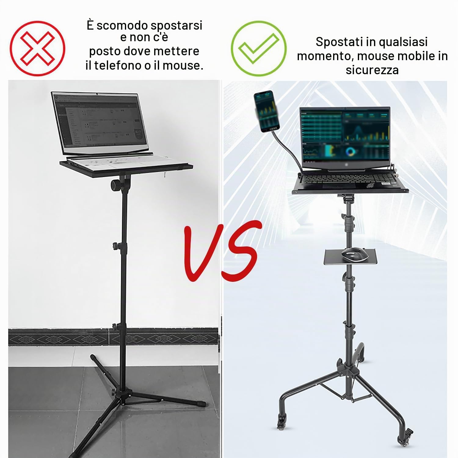Supporto Proiettore da Terra，Treppiede Proiettore,con 3 Ruote Girevoli,Altezza Regolabile 65-130 cm con Supporti per Telefono, Ruote Altezza Regolabile Stand Universale per Laptop PC Videoproiettore