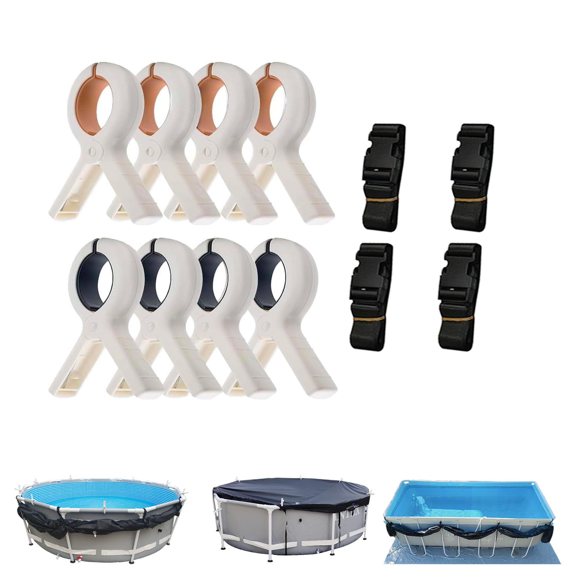 Pool Cover Clip Kit and Pool Cover Side Organizer Straps, Assist Single Person to Install Cover and Side Holder for Easy Access (4X Organizer Straps, 8X Clips)-image-21