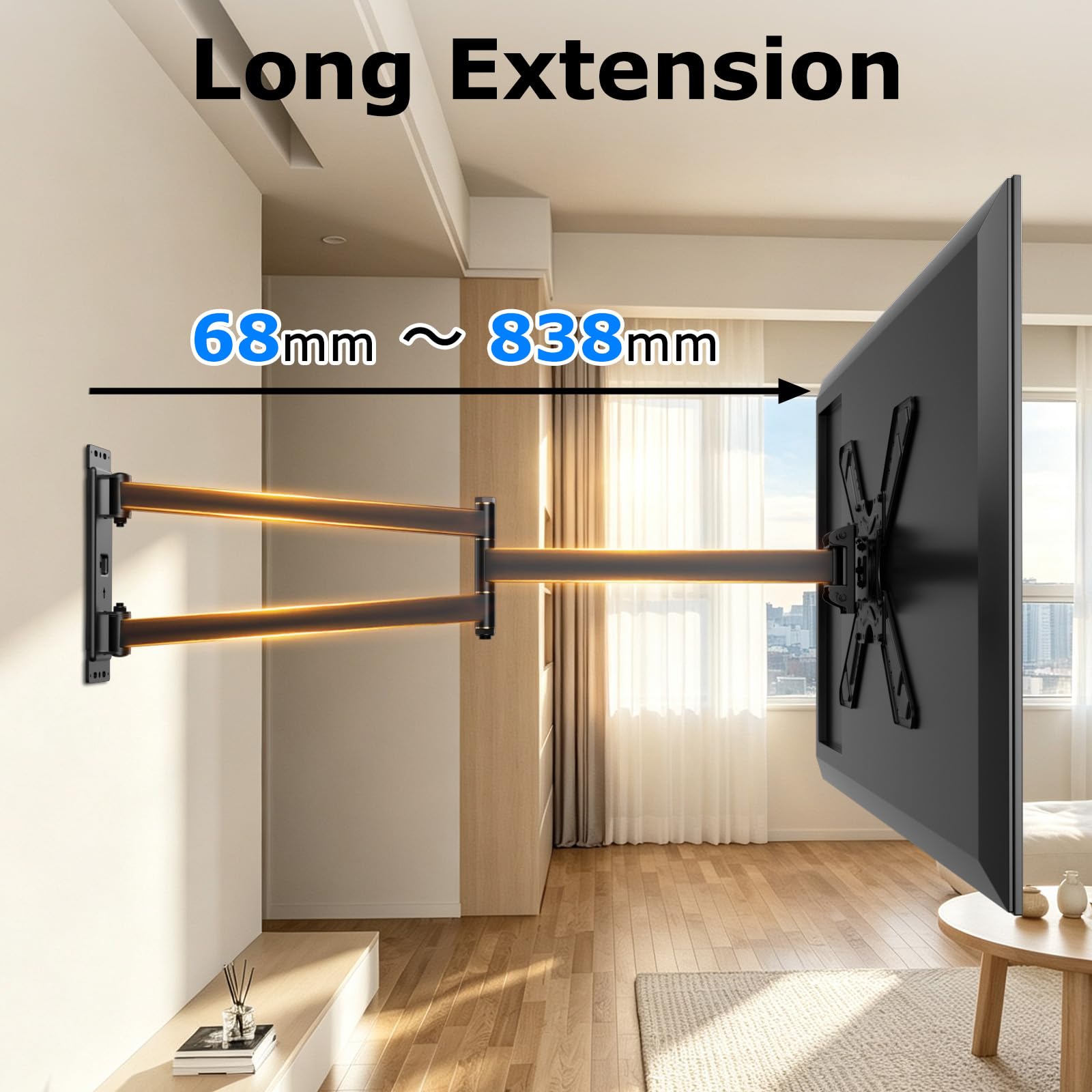Soporte de Pared Articulado para TV de 32 a 75 Pulgadas, hasta 60 kg | Rotatorio 90°, Brazo Extensible de 838 mm, Soporte TV Pared con Inclinable y Giratorio, Montaje en Esquina, VESA 600x400 mm