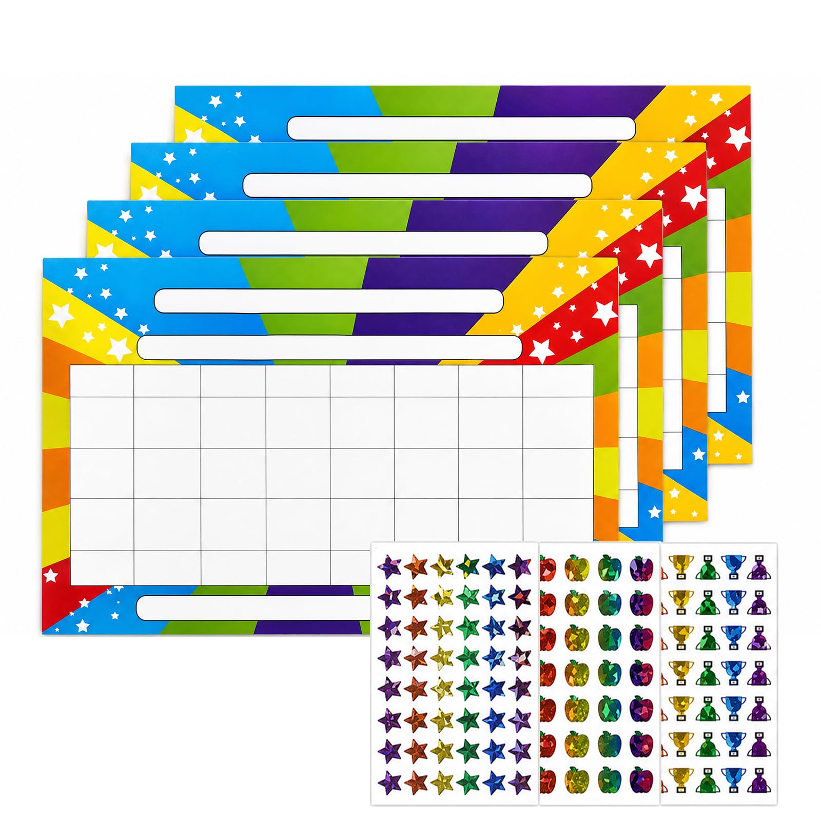 Reward Chart & Sticker Chart Set A4 PVC 4 Pack with 125 Stickers, Customisable Habit Tracker Board for Home Office Classroom Use, Visual Progress Tracker for Tasks Goals Routine Management
