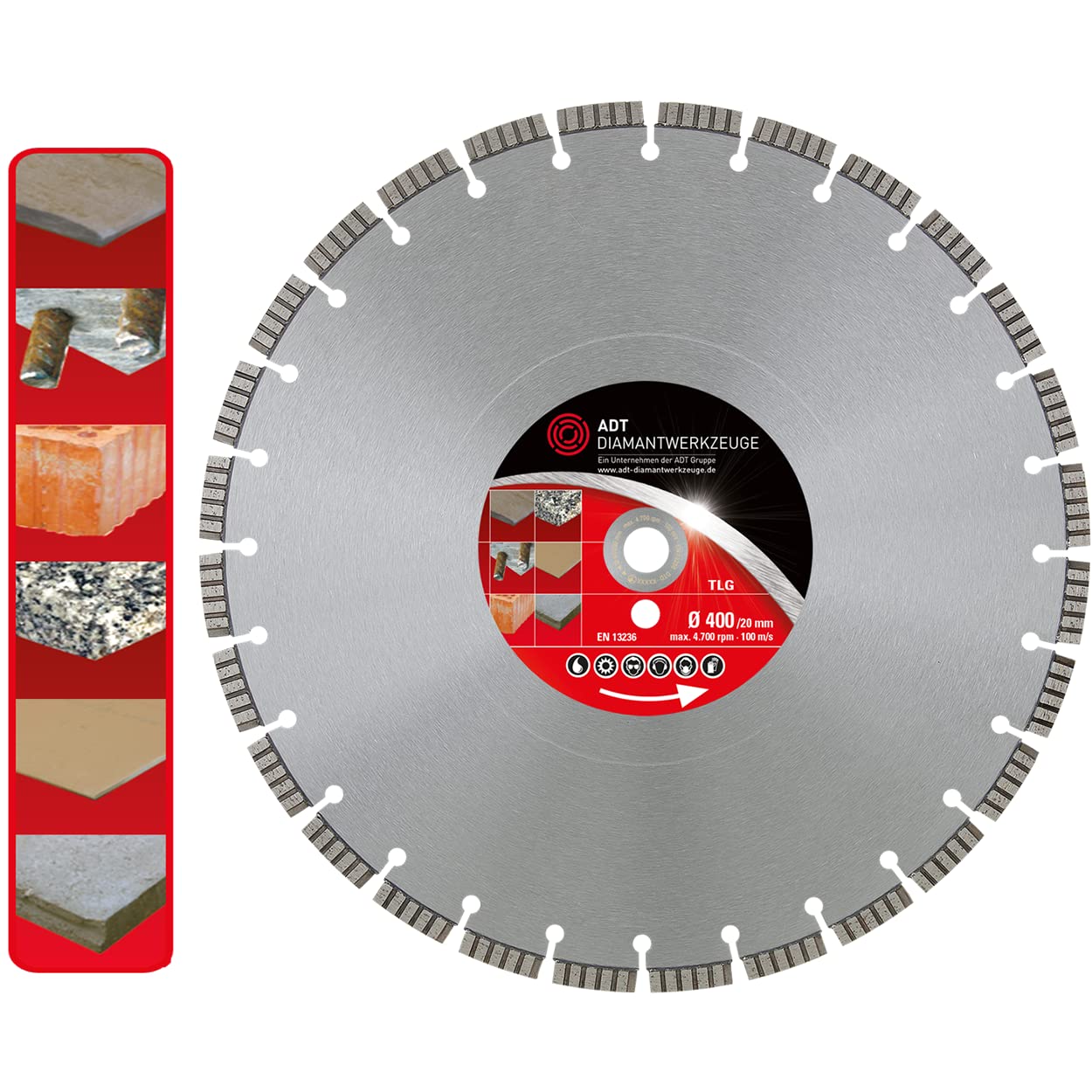 Disco de corte de diamante TLG Premium Ø 400/20,0 mm, orificio para hormigón amierto, piedra natural y artificial, cerámica, material de construcción con segmento turbo de 10 mm