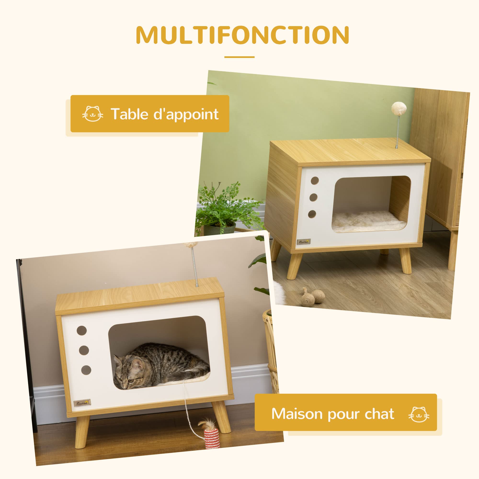 PawHut Maison Niche pour Chat Forme de TV avec Coussin Douillet et Balle rebondissante - 50 x 28 x 43 cm