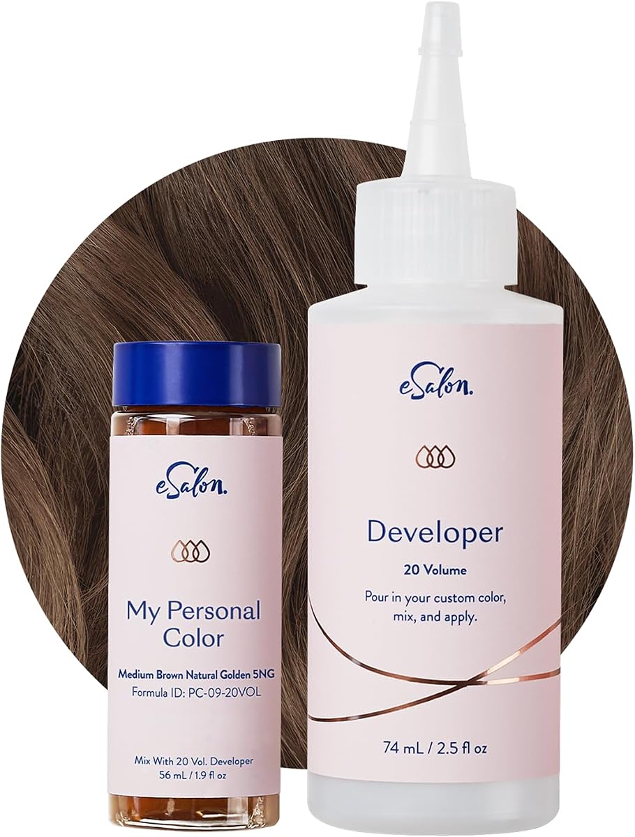 eSalon Permanent Hair Color & Hair Dye Complete Kit - Medium Brown Natural Golden - Personal Colorist Kit for Up To 100% Gray Coverage for All Hair Types - Professional-Grade Ammonia-Free Hair Dye