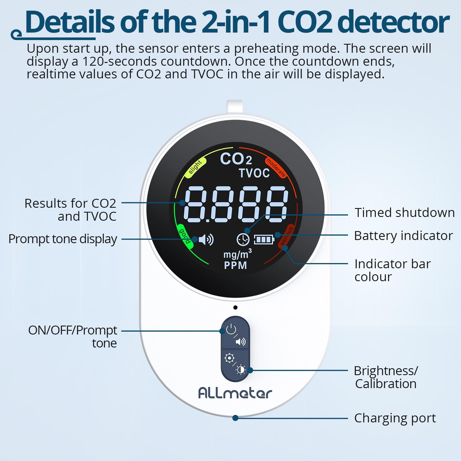 Détecteur de CO2 Mesureur de qualité de l'air 2 en 1 Blanc Rechargeable Mesureur de CO2 avec LCD pour la Maison Bureau Voyage Camping