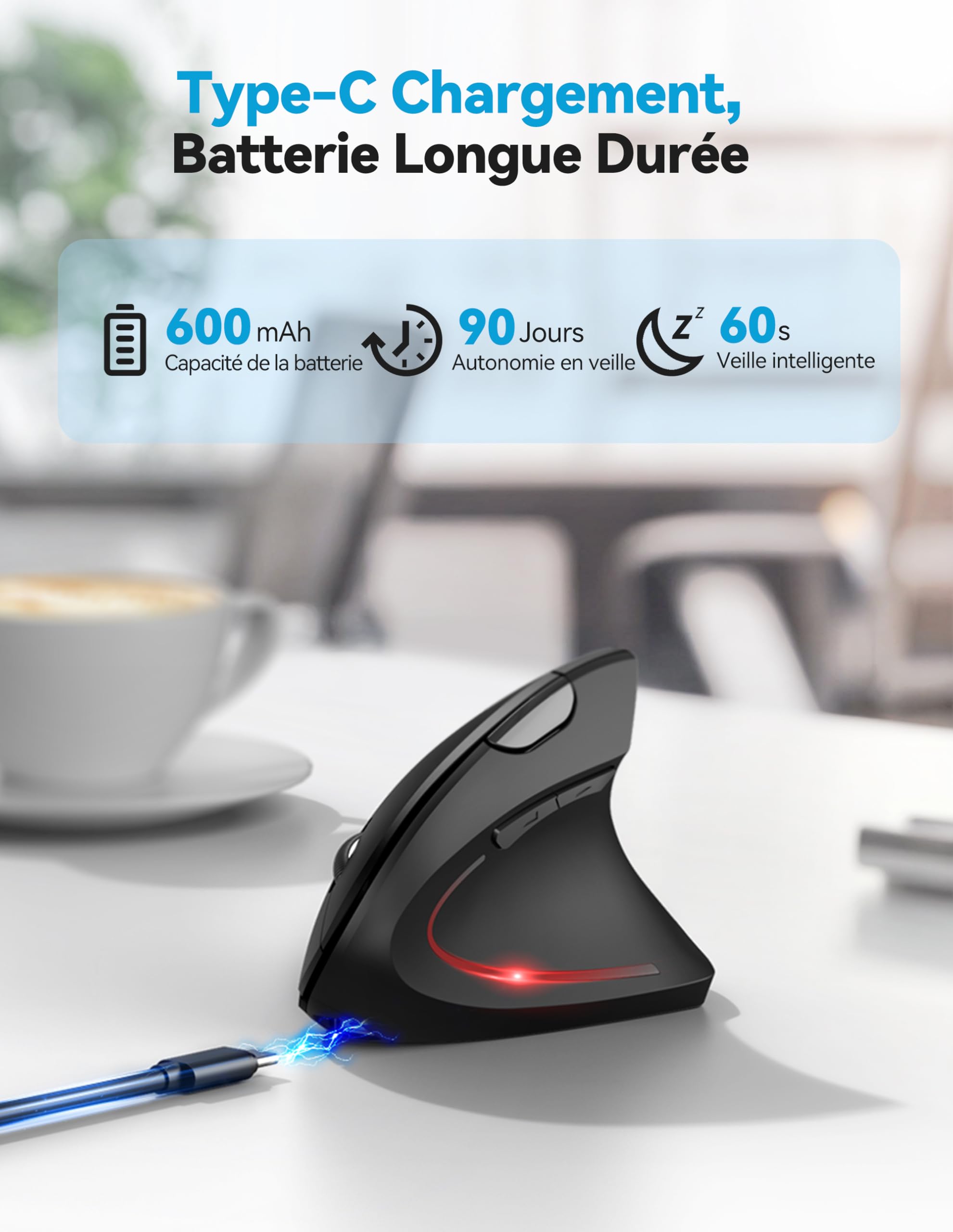 TECKNET Souris Ergonomique sans Fil Rechargeable, Souris Verticale Bluetooth 3 Modes (BT5.0/3.0+2.4G) 4800 DPI Réglable, 6 Boutons, Souris Silencieuse pour Ordinateurs, Portables, Mac, PC, Windows