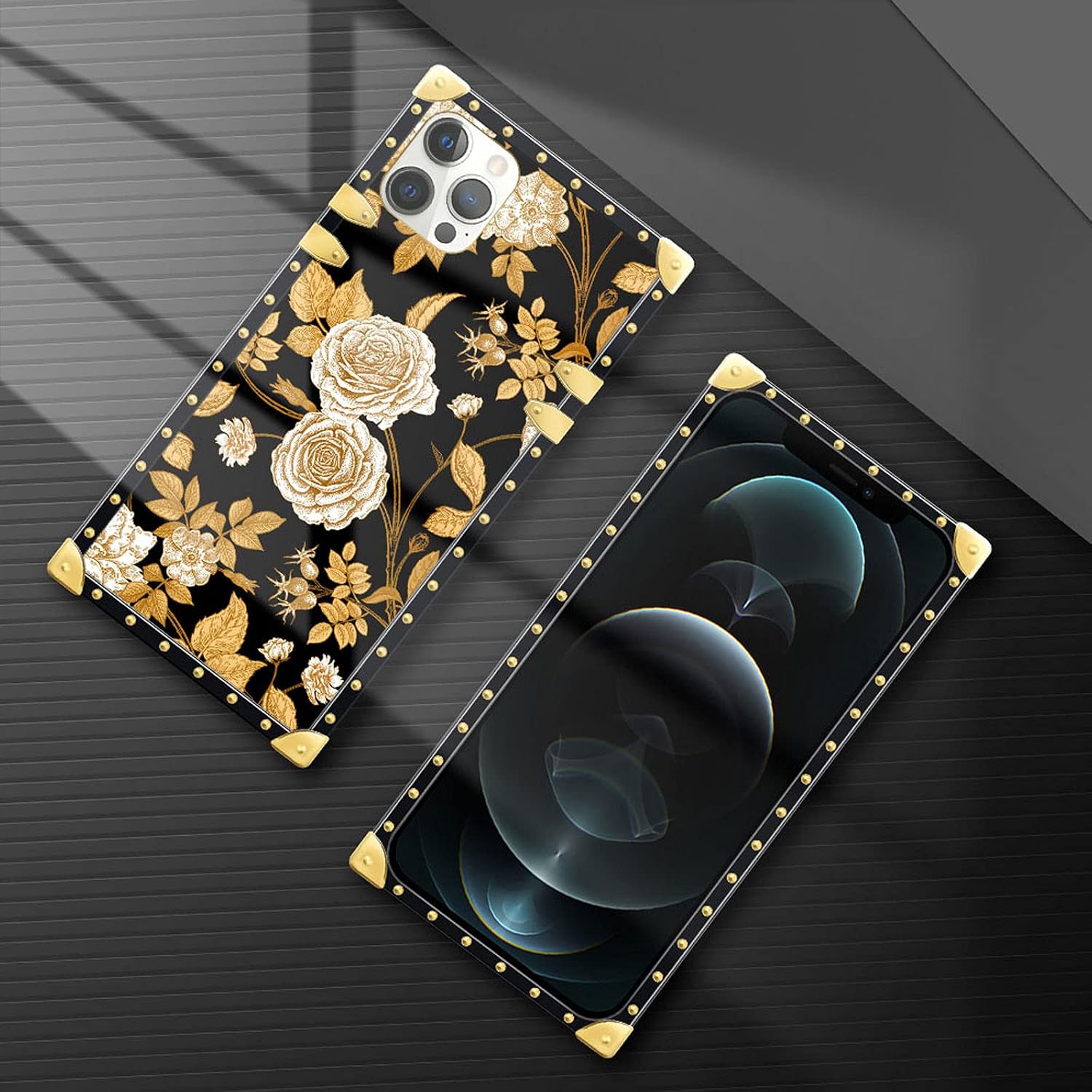 DAIZAG iPhone 13 Pro Max Case, Golden Rose Cases for Girls Womens, Luxury Decoration Square Soft TPU Shockproof Protective Hard PC Back Case 6.7 inch