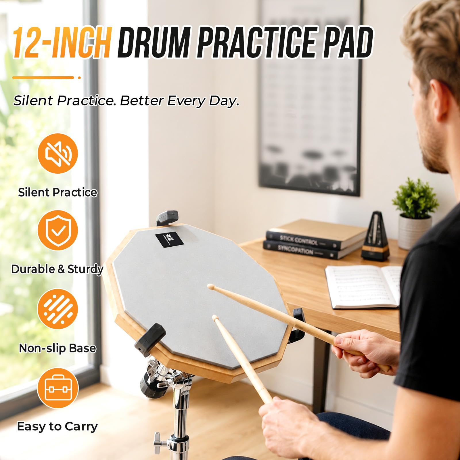 K KASONIC 12" 2-Seitiges Leises Drum-Übungspad mit Verstellbarem Ständer