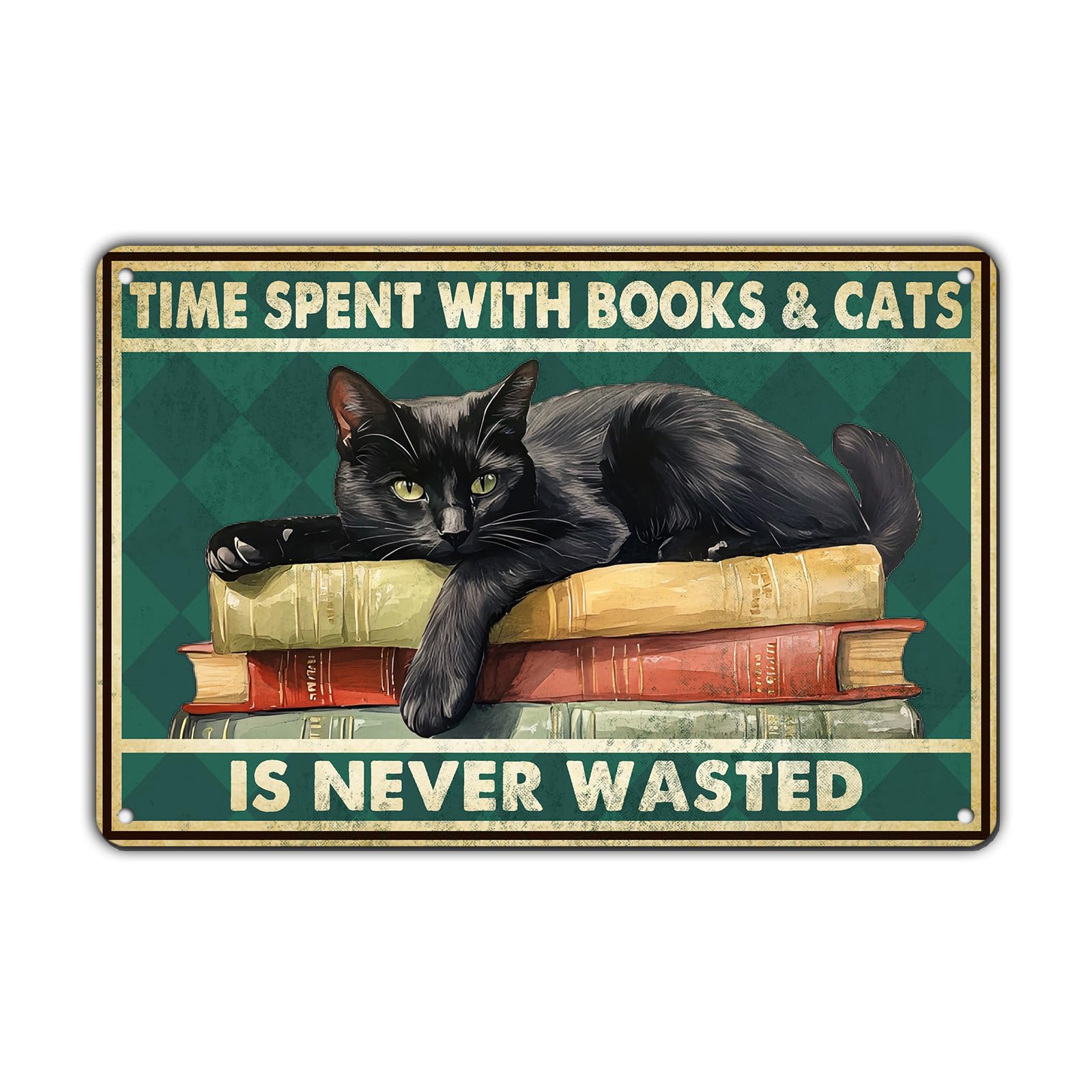 Anceky Time Spent With Cats Books Is Never Wasted Black Cat Tin Sign Vintage Metal Sign Funny Wall Decor for Home Kitchen Office Bar Plub 12×16 Inch