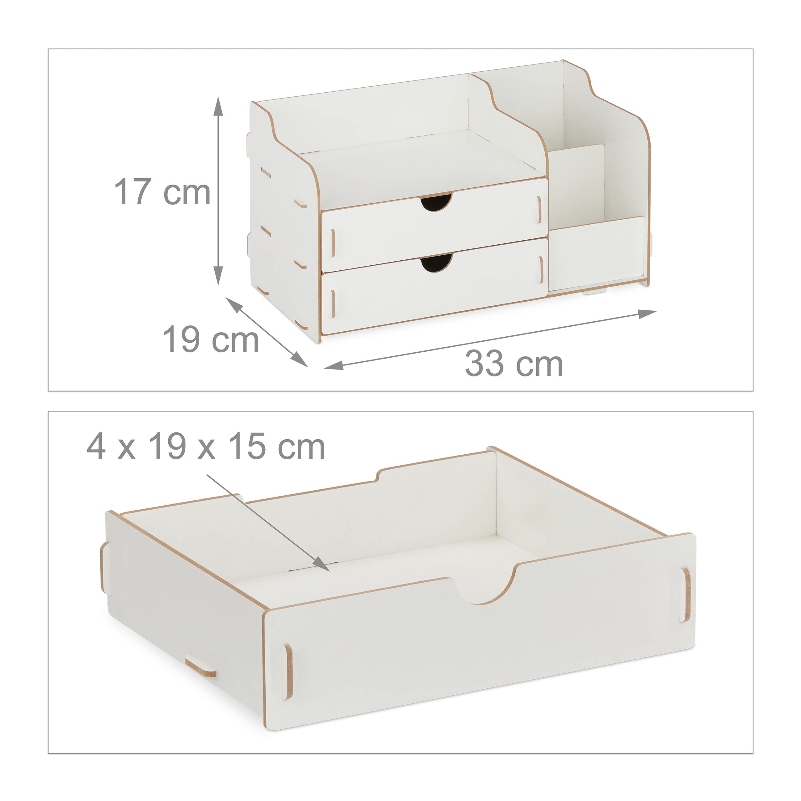 Relaxdays Organizer na biurko, 2 szuflady i 3 przegródki, pojemnik na długopisy MDF, wys. x gł.: 17 x 33 x 19 cm, organizer biurowy, biały