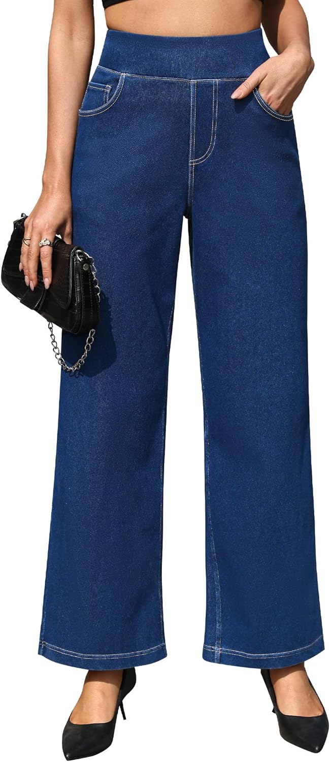 AVAMO Sweatpant Jeans Women Wide Leg Jeans Stretchy Pull on Elastic High Waisted Straight Leg Baggy Denim Pants