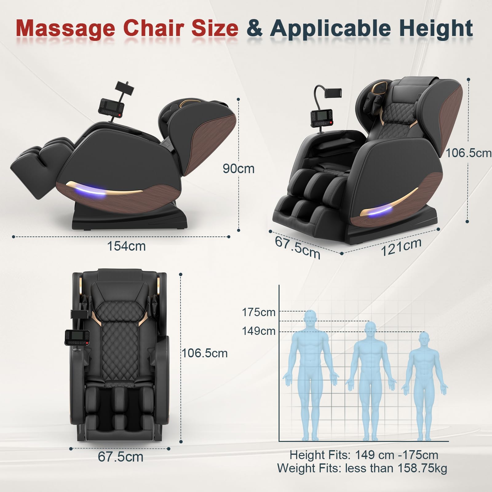 Ganzkörper Massagesessel mit 14 Massagerollen, 8 Airbags, Massagesessel mit Wärmefunktion-Beine und Taillenheizung, Bluetooth-Lautsprecher, Touchscreen-Controller, Zero-Gravity-Liegestuhl für Heimkino