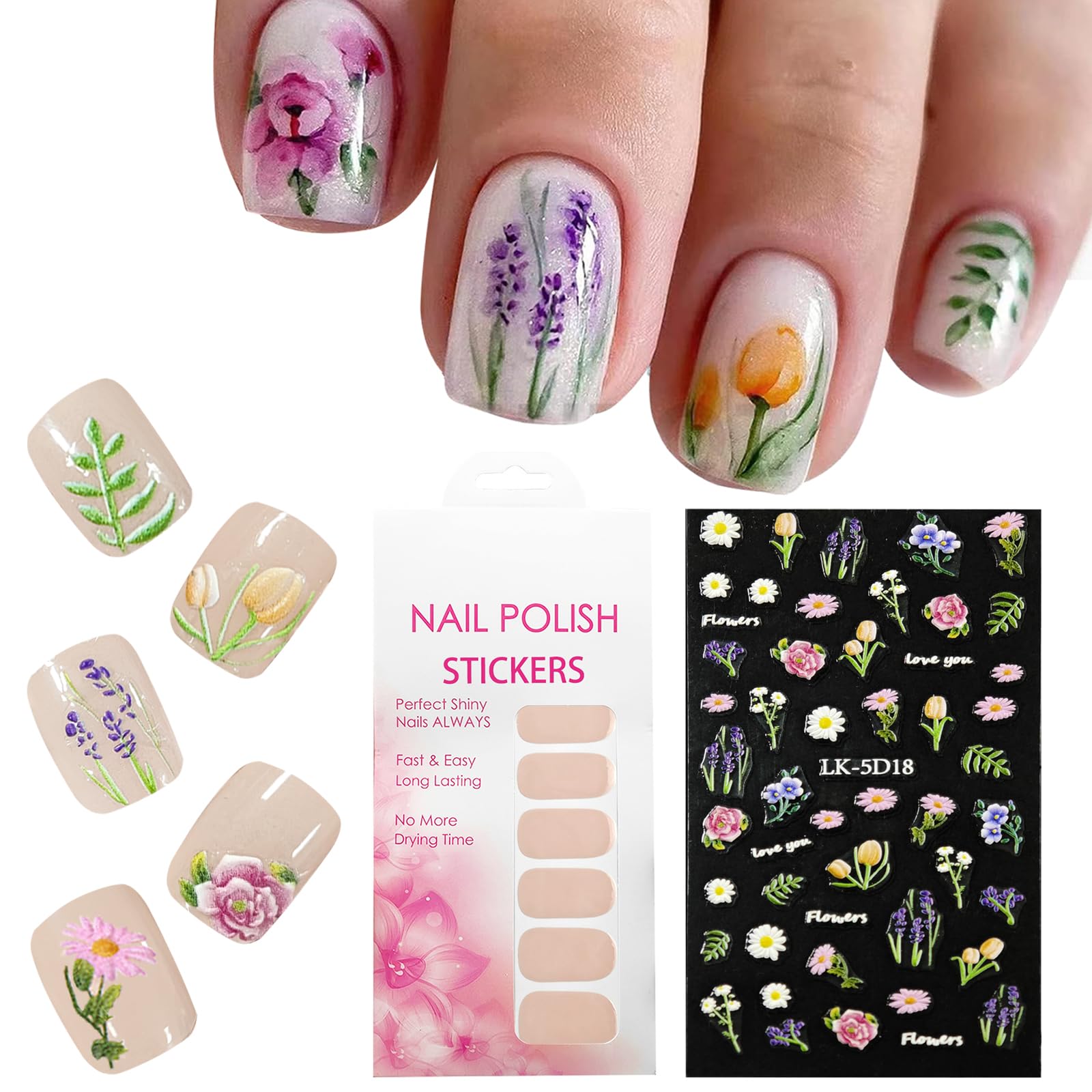 VOTACOS Nail Polish Strips No LED Lamp Needed 16pcs Nude Gel Nail Wraps with Self-Adhesive 5D Flower Nail Stickers Decals for Women Nail Art Design