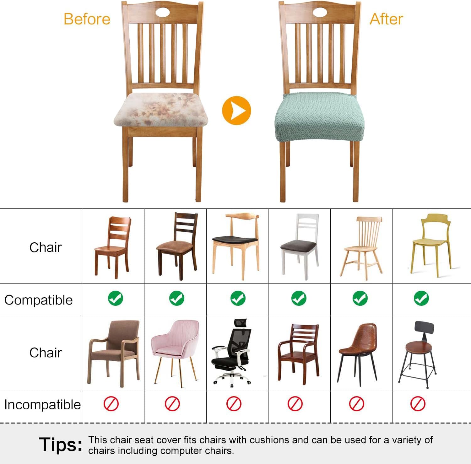 Fuloon Stretch Waterproof Chair Seat Covers 6 PCS, Removable Washable Dining Room Chair Covers Anti-Dust Seat Cushion Slipcovers for Bedroom, Kitchen, Hotel, Banquet (I-Sage Green, 6)