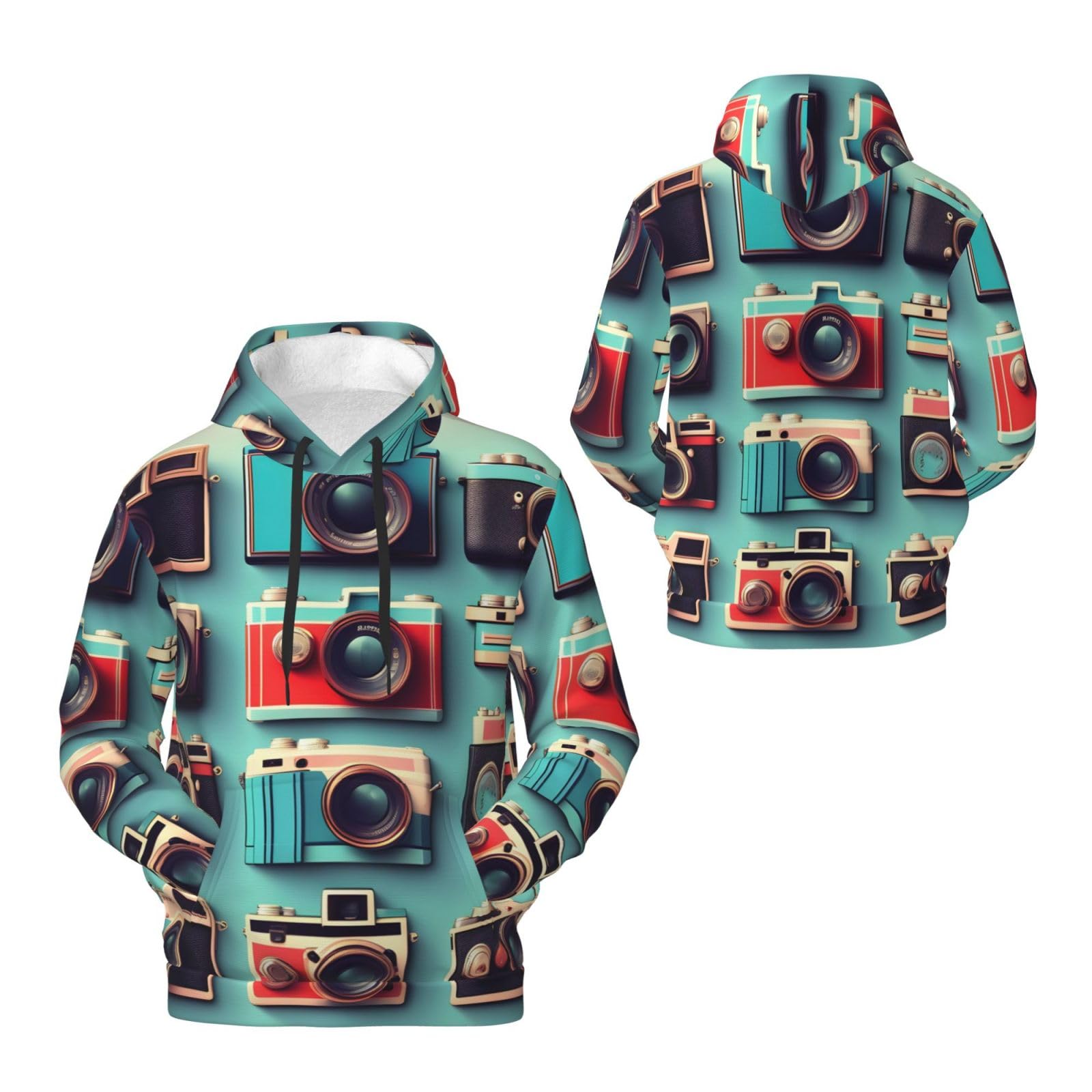 Męska bluza z kapturem w stylu retro fajna kolekcja aparatu, swobodny nadruk graficzny sweter z kapturem koszule z kieszenią