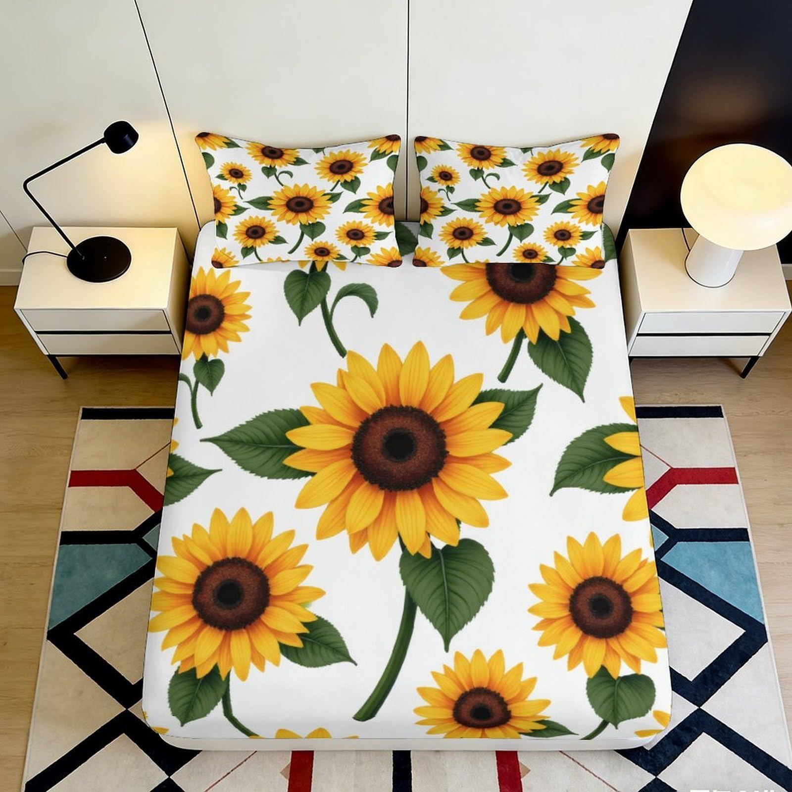 3D Printed Sunflower Blossom Fitted Sheet Microfiber Anti-Slip Yellow Floral Mattress Cover for Bedroom Guest Room Decor 90x200x25cm