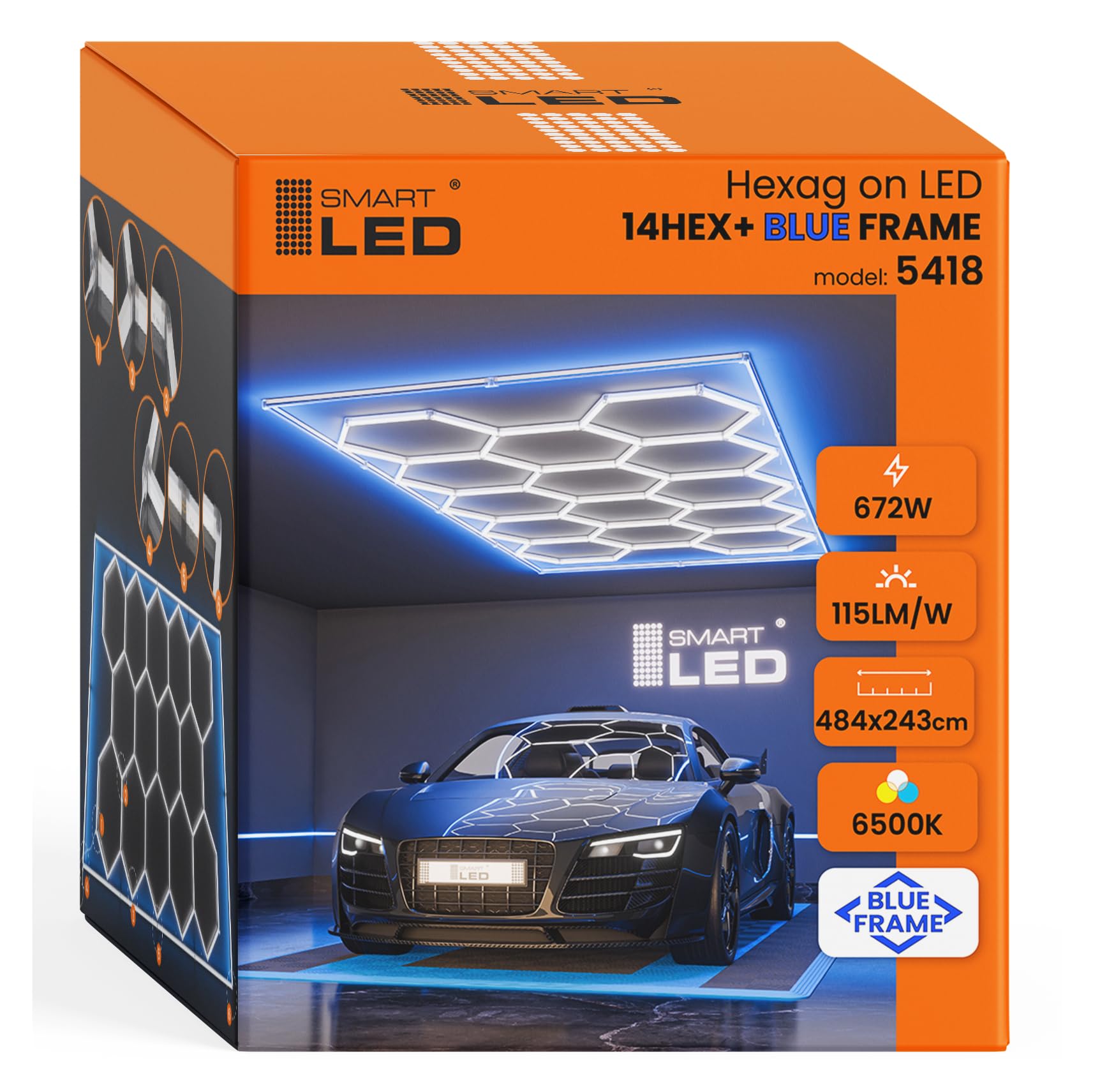 Hexagon LED Deckenlampe 484x243 cm – 64er Set Werkstattbeleuchtung 500W 57500lm – Kaltes Licht+blau – IP54 flimmerfrei – LED Garagenbeleuchtung, Tattoo, Detailing, (484x243CM, blauer Rahmen)