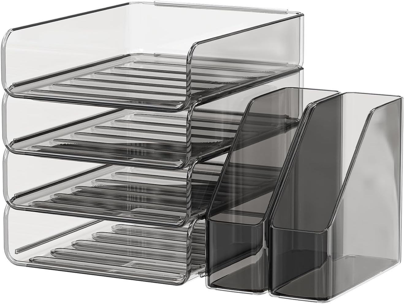 FANXIYQ 4-Tier Acrylic Paper Tray Organizer with Bookends | Clear Stackable Desk Organizer for Documents, Letters, A4 Paper | Modern Office/Classroom/Home Organization,Brown